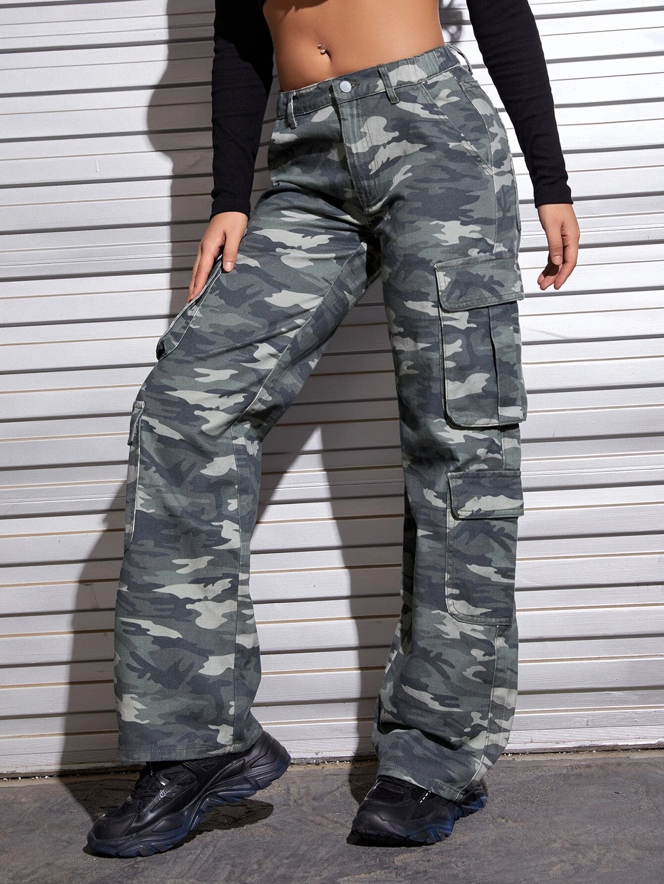 Printed Flap Pocket Cargo Jeans – side profile view