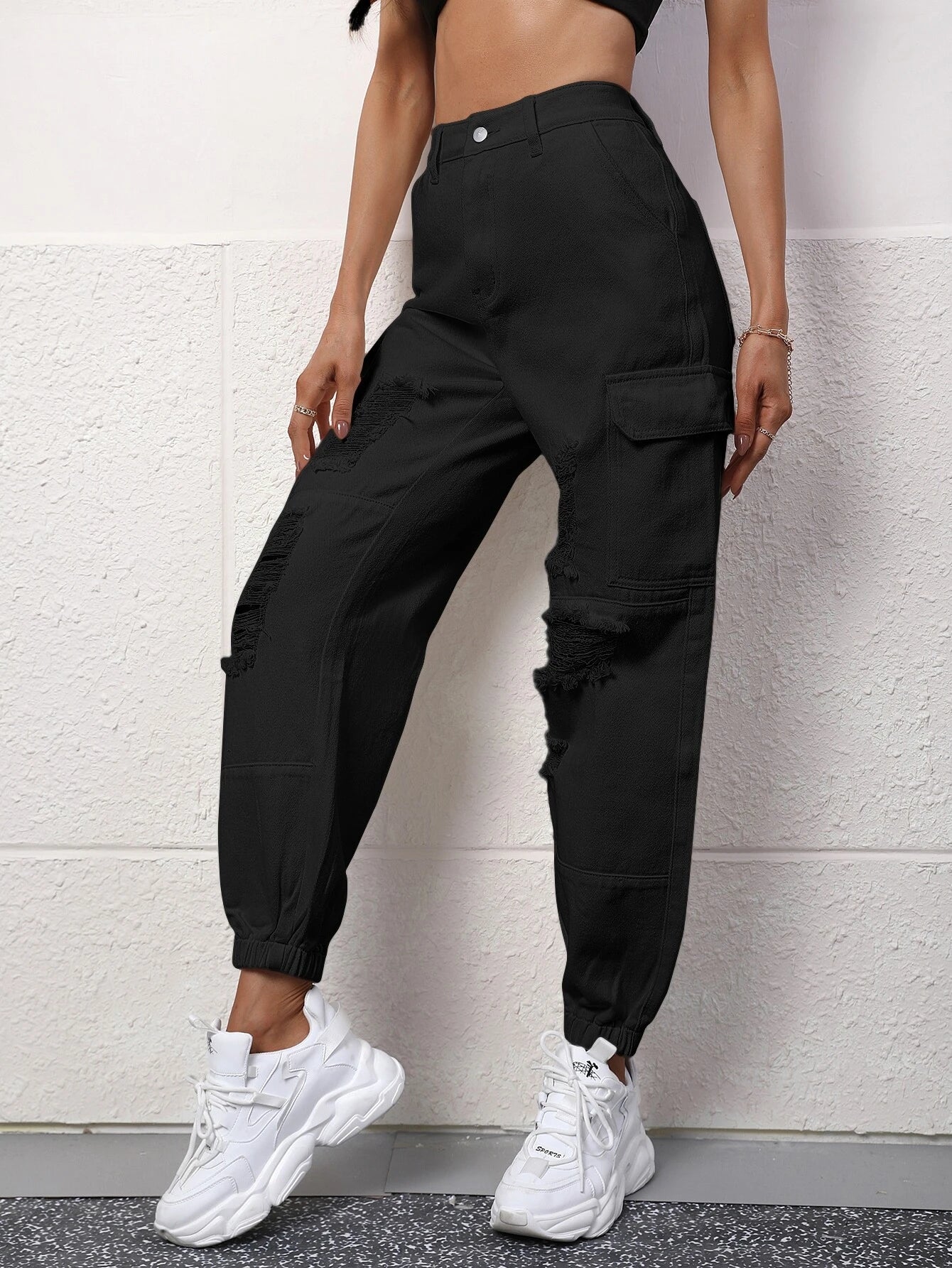 High Rise Ripped Cargo Jean – side profile view