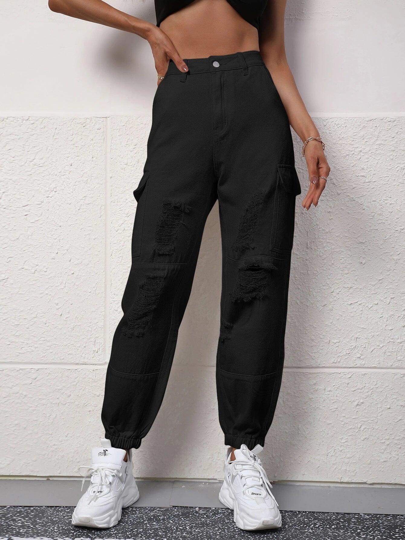 High Rise Ripped Cargo Jean – women's cargo pants front view