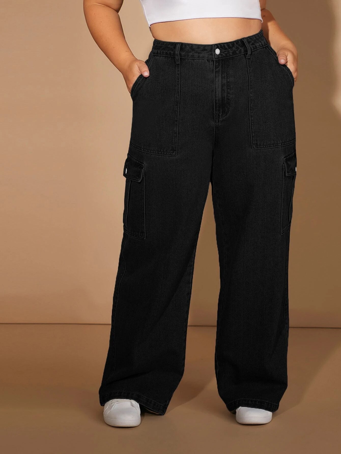 Plus Size Cargo Jeans With Flap Pockets – women's cargo pants front view
