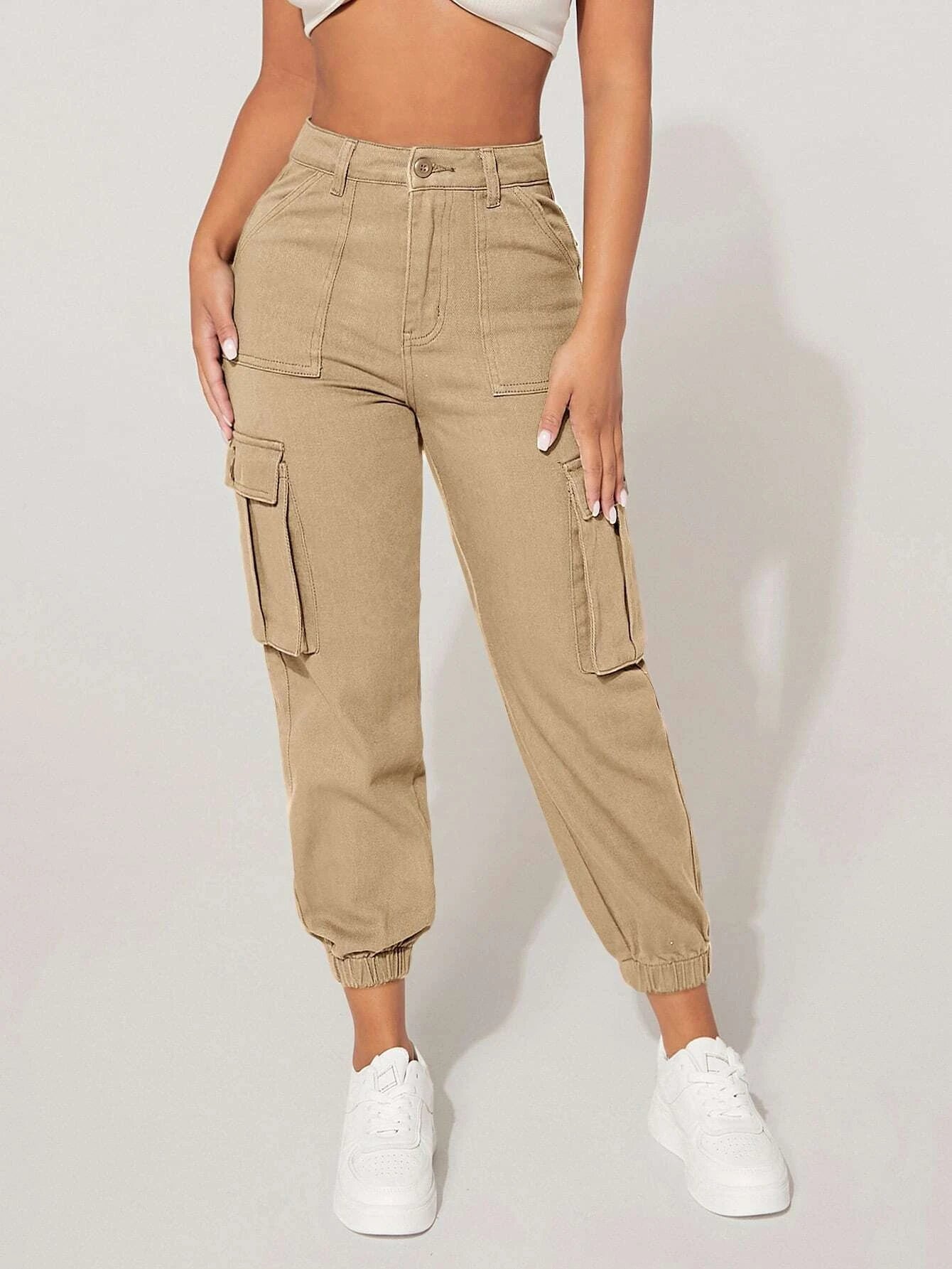 High Waist Flap Pocket Cargo Jeans in Green – styled outfit view