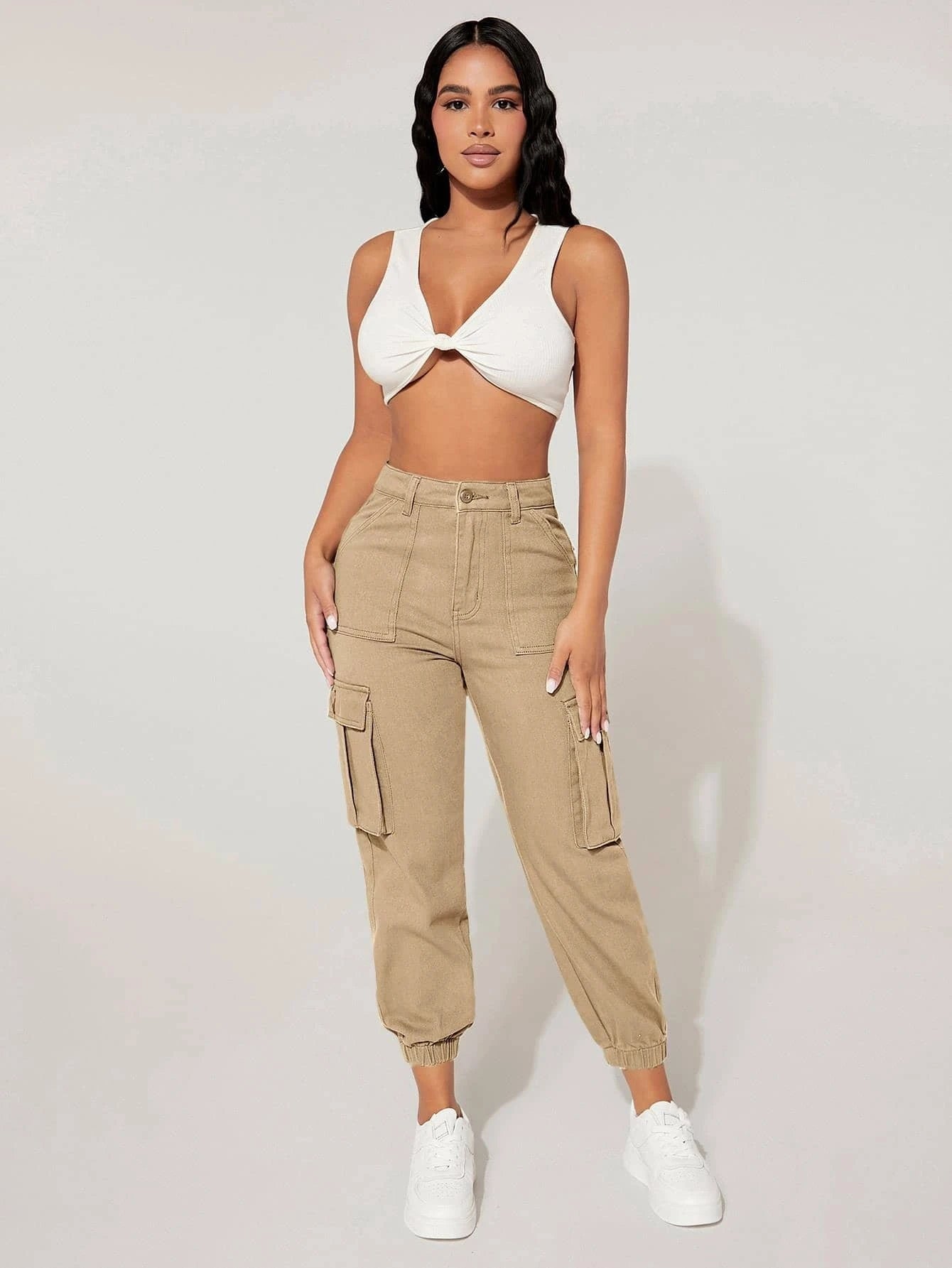 High Waist Flap Pocket Cargo Jeans in Green – model wearing view