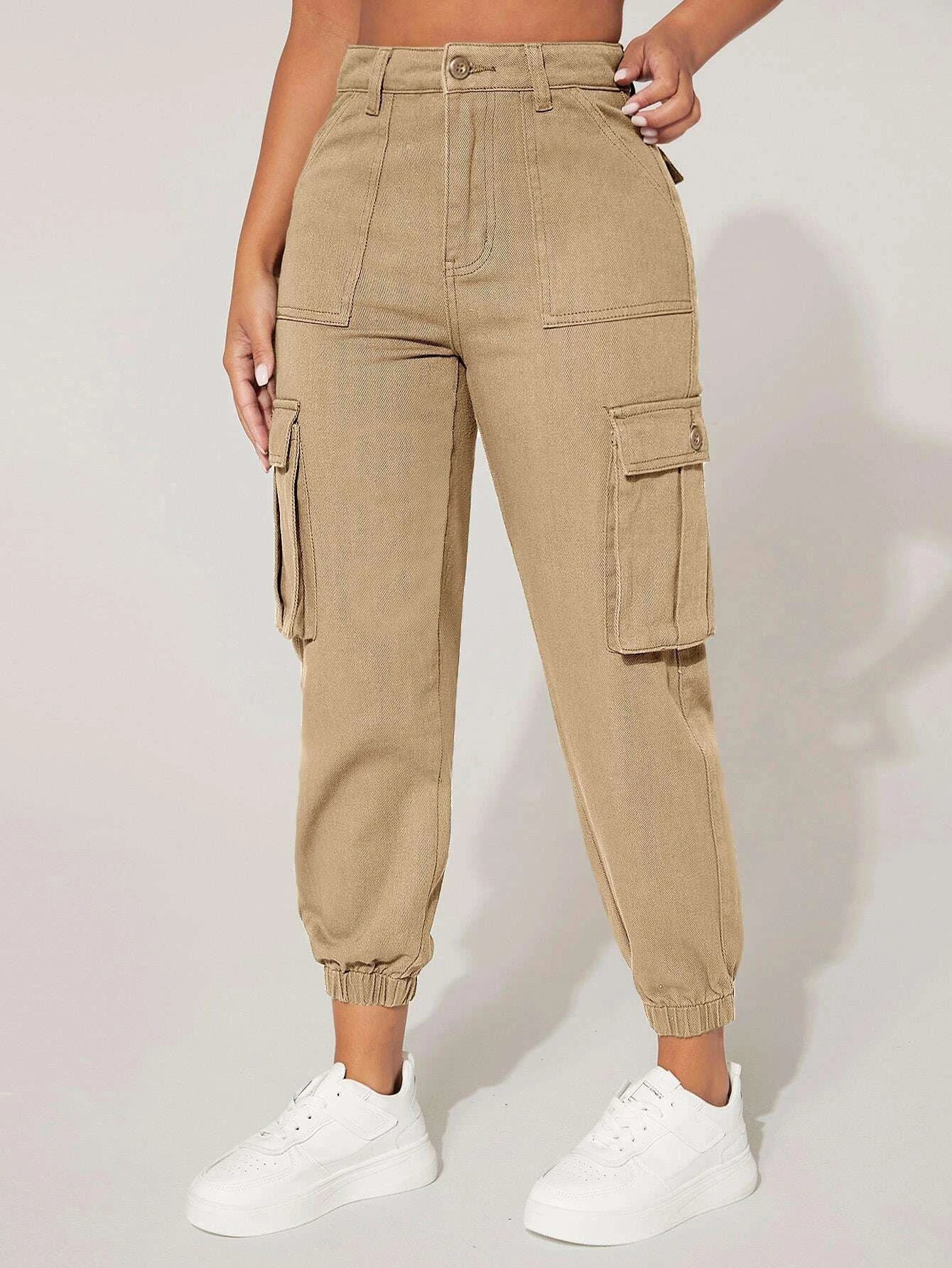 High Waist Flap Pocket Cargo Jeans in Green – fabric detail close-up