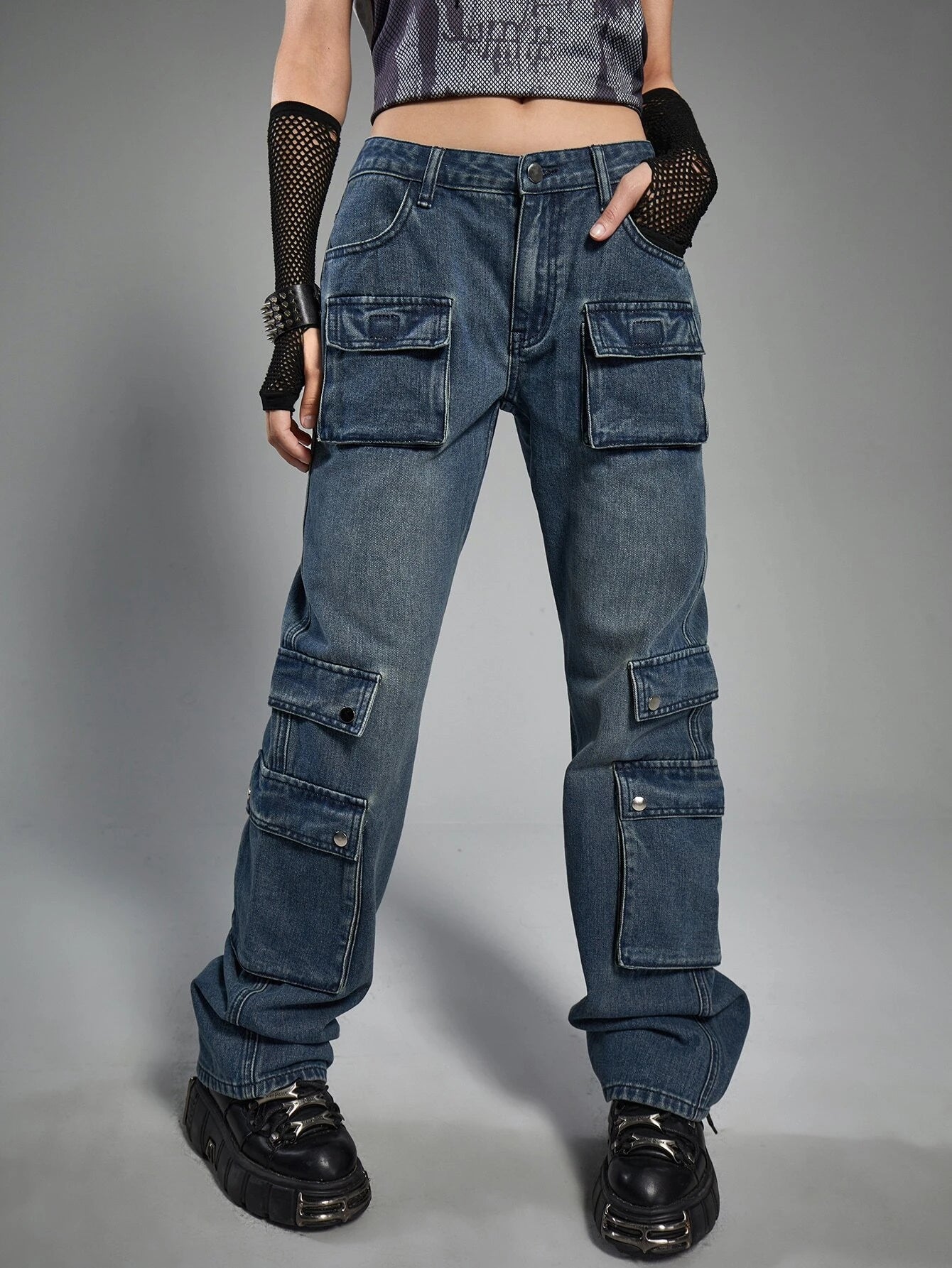 Punk Flap Pocket Cargo Jeans – women's cargo pants front view