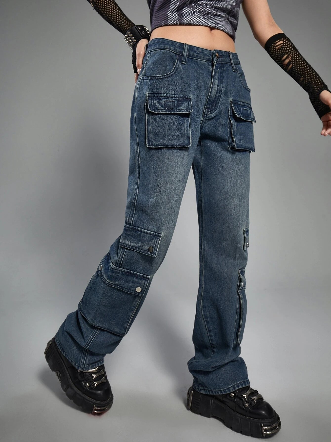 Punk Flap Pocket Shade Cargo Jeans – model wearing view
