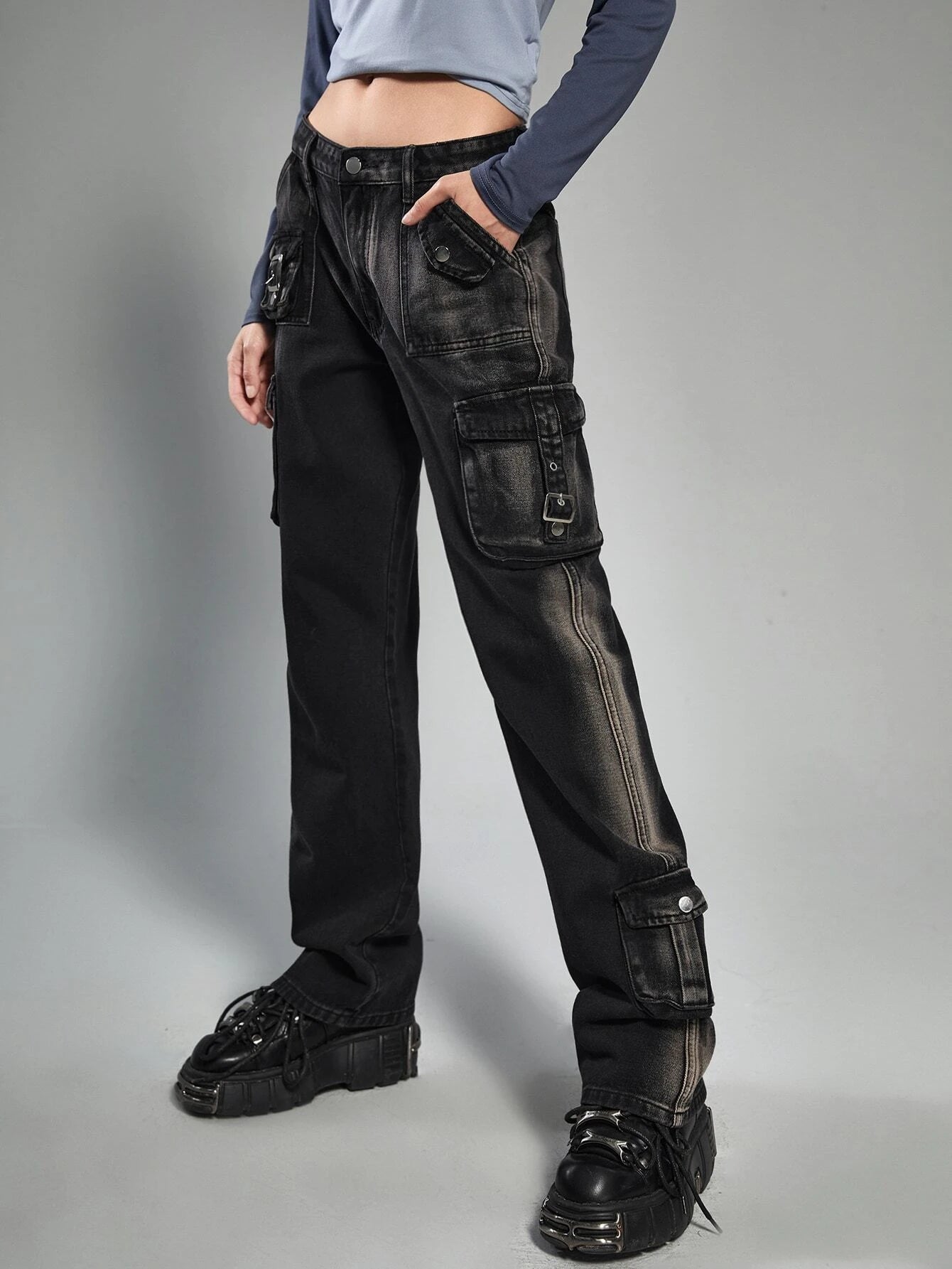Flap Pocket Strap Detail Cargo Jeans – back view detail