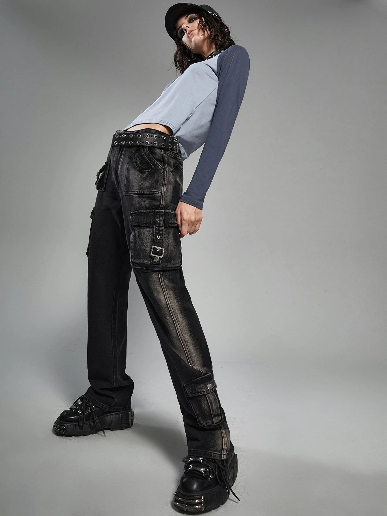 Flap Pocket Strap Detail Cargo Jeans – full length outfit view