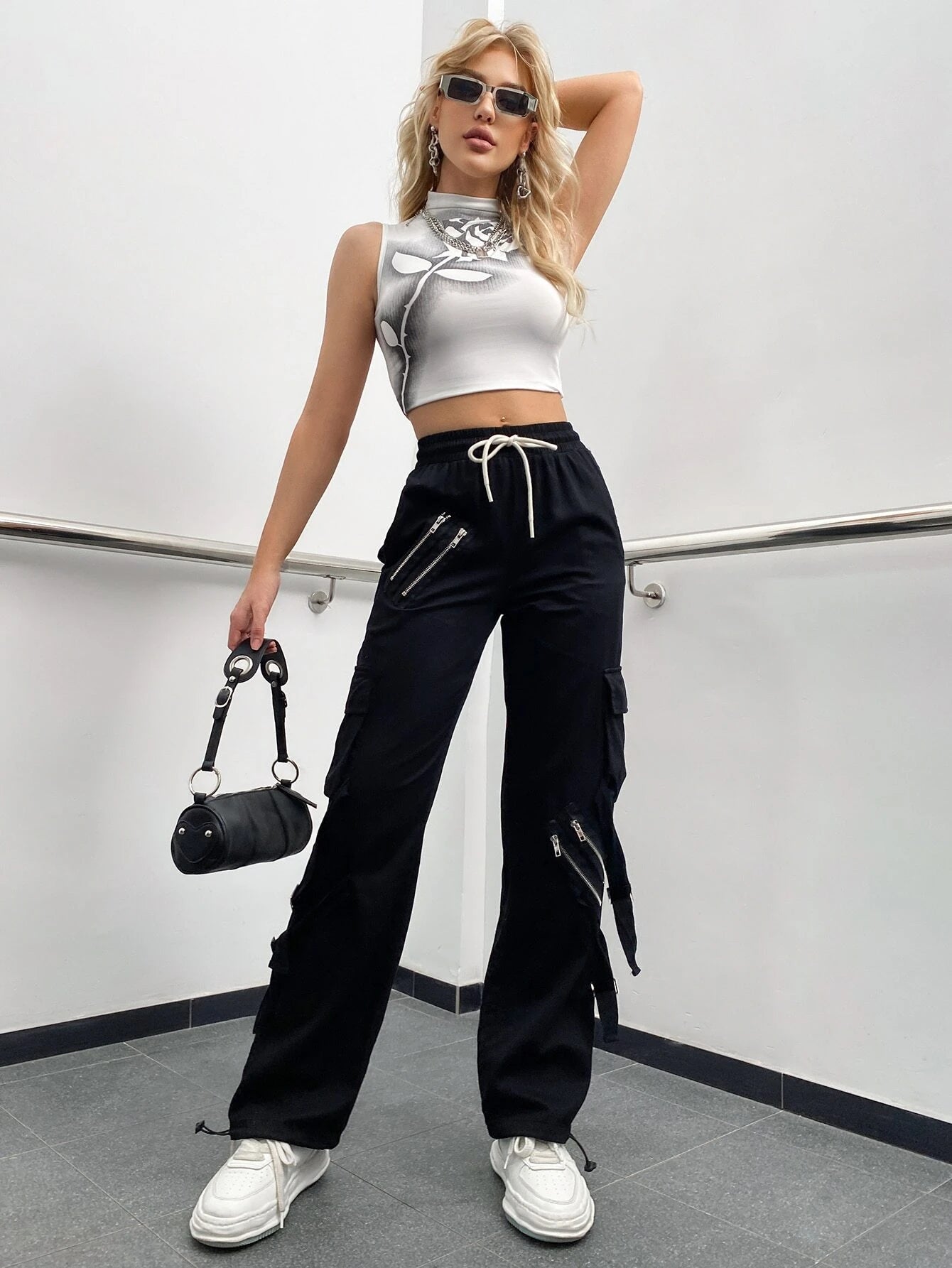 Zipper Detail Drawstring Cargo Pants – women's cargo pants front view