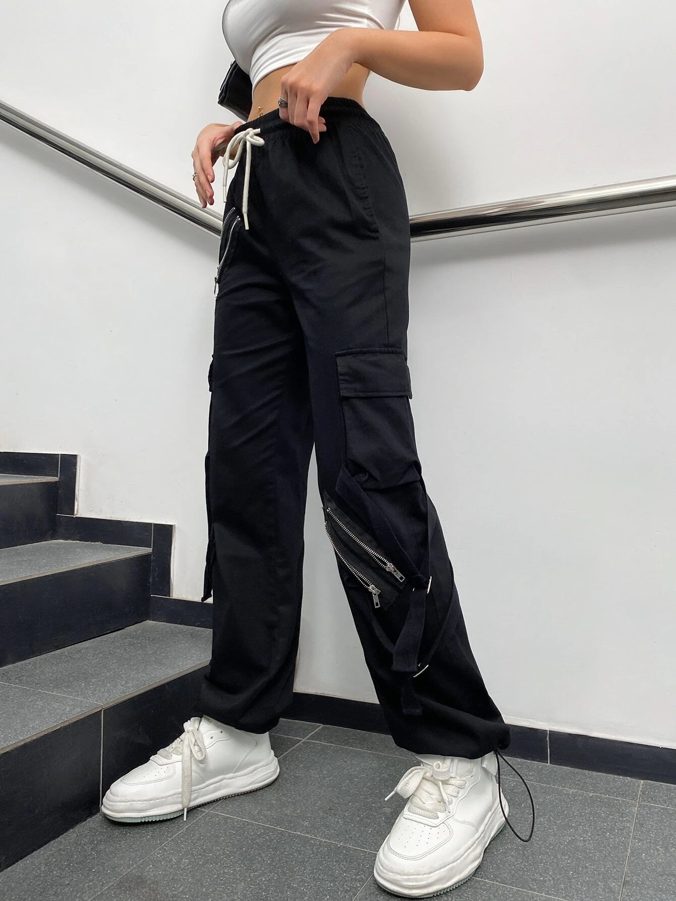 Zipper Detail Drawstring Cargo Pants – back view detail