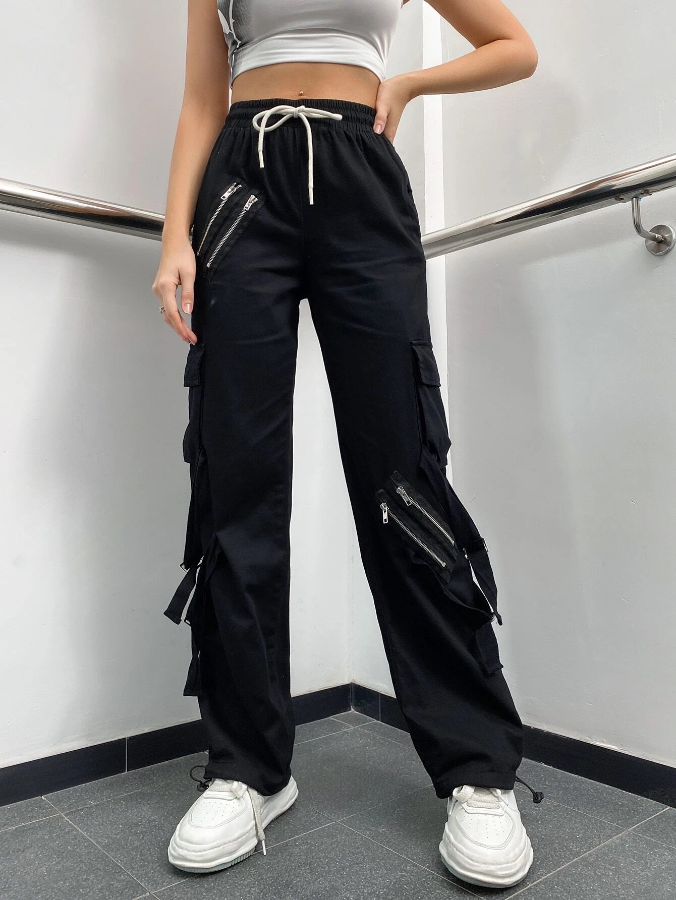 Zipper Detail Drawstring Cargo Pants – full length outfit view