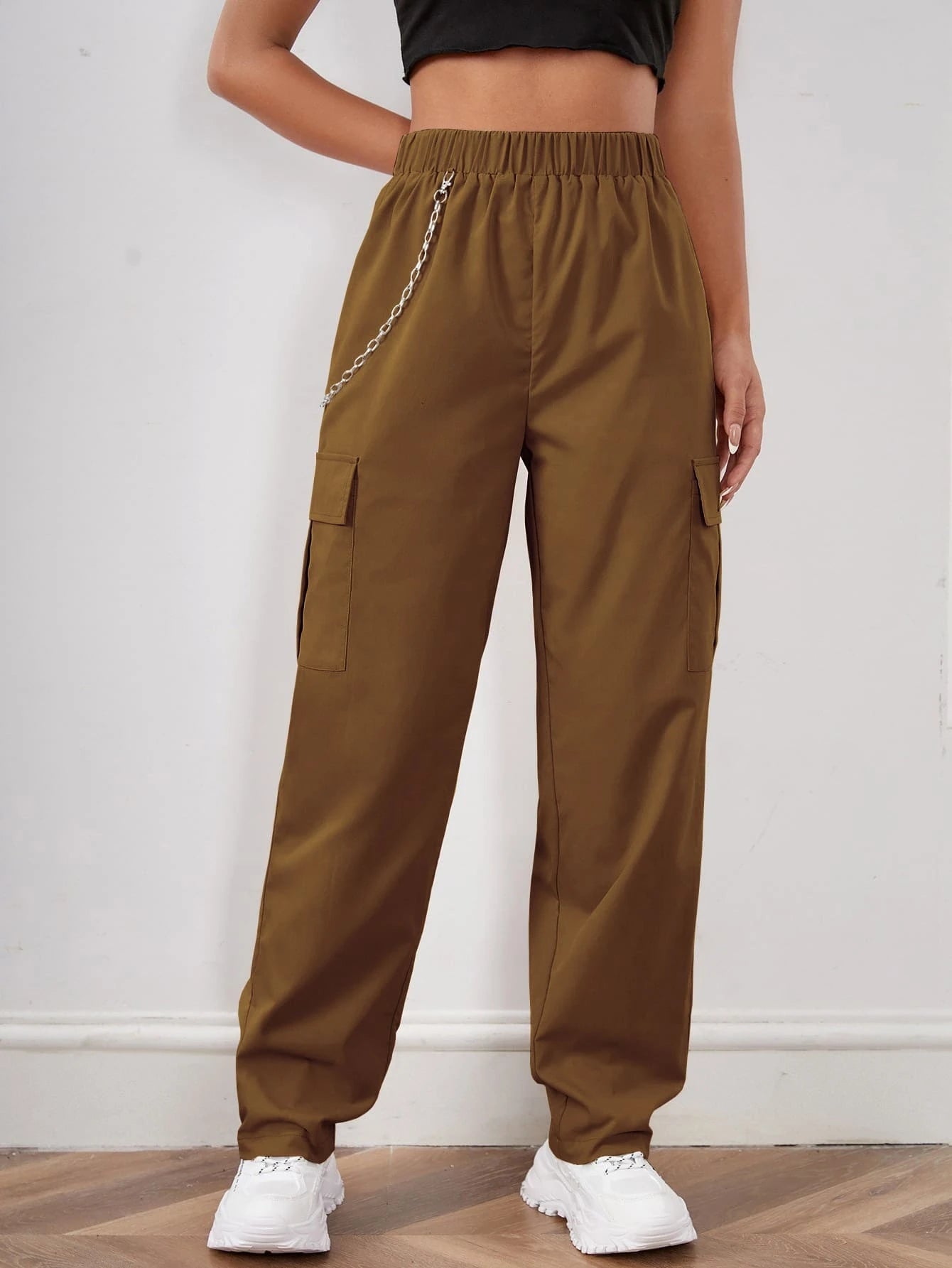 Elastic Waist Cargo Pants With Chain – fabric detail close-up