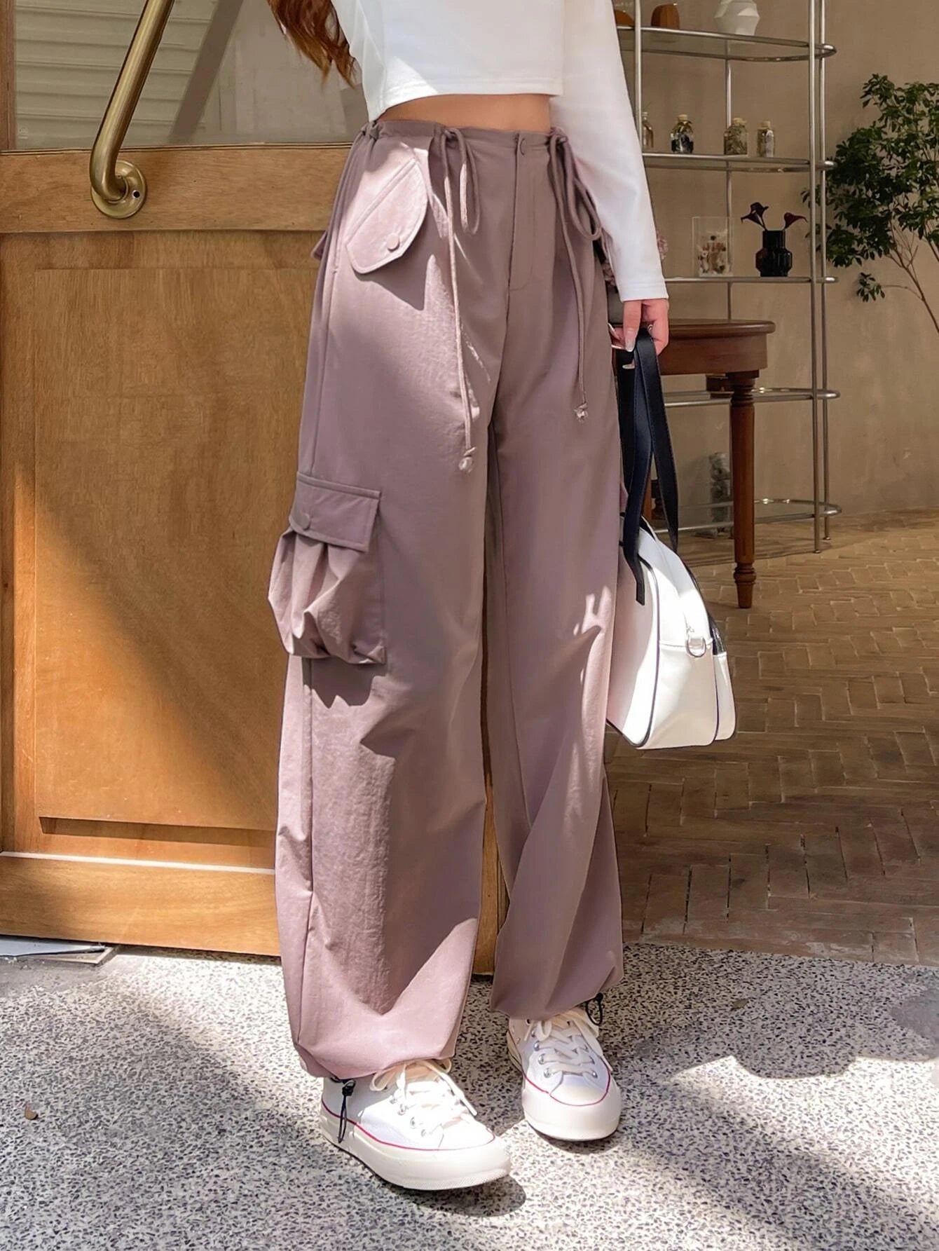Flap Pocket Cargo Pants in Cream – side profile view