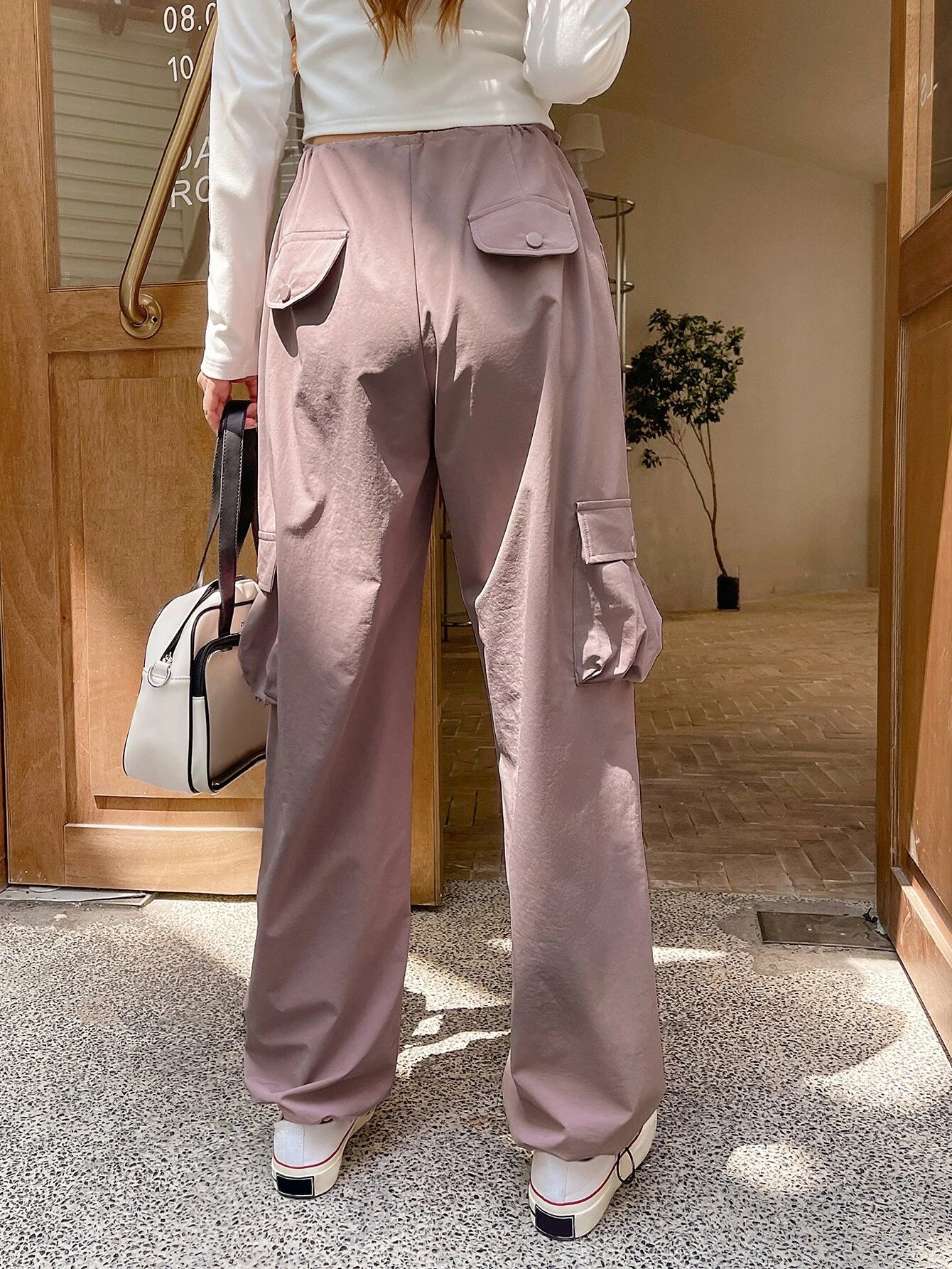 Flap Pocket Cargo Pants in Cream – back view detail
