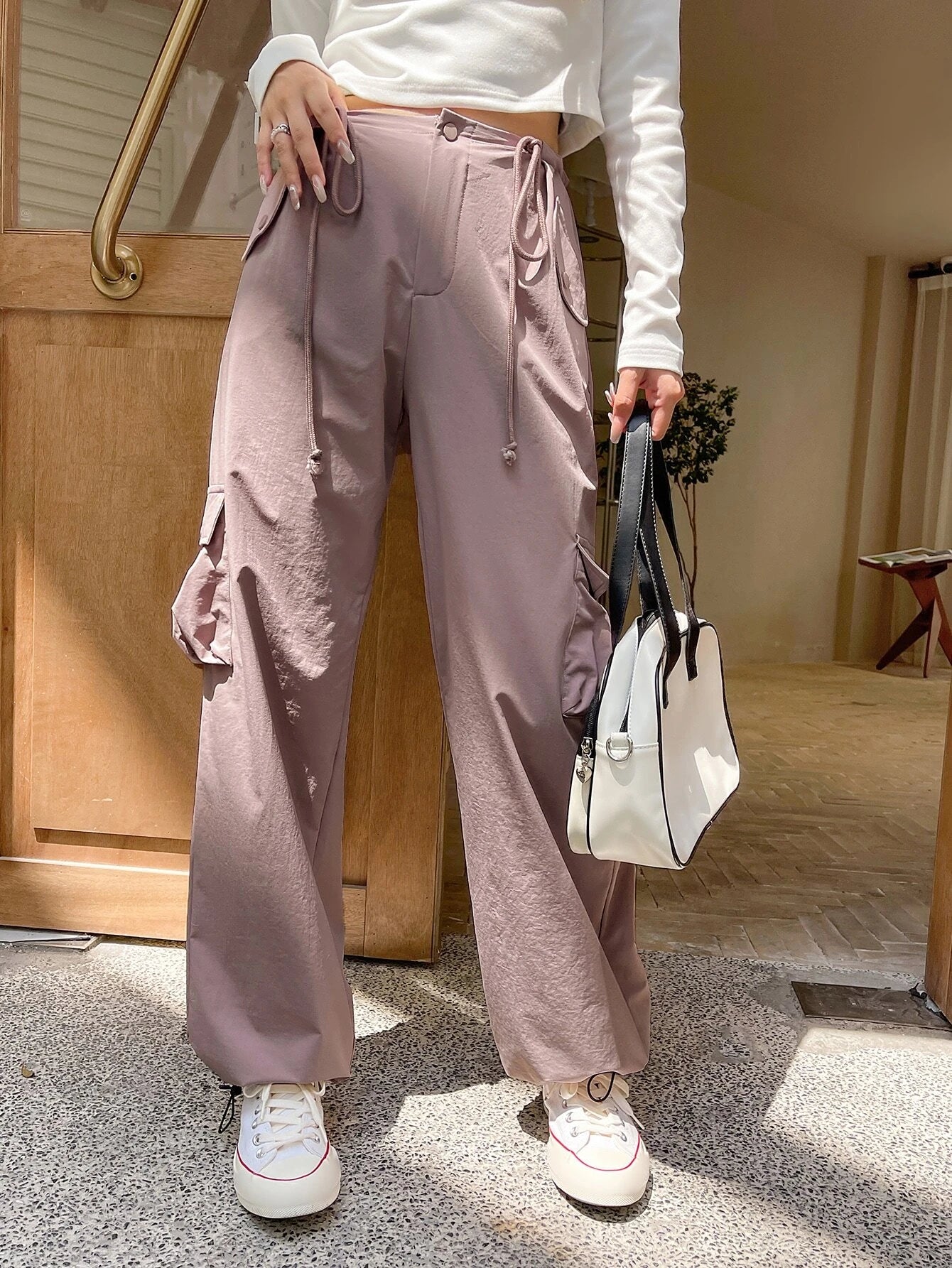 Flap Pocket Cargo Pants in Cream – pocket detail close-up
