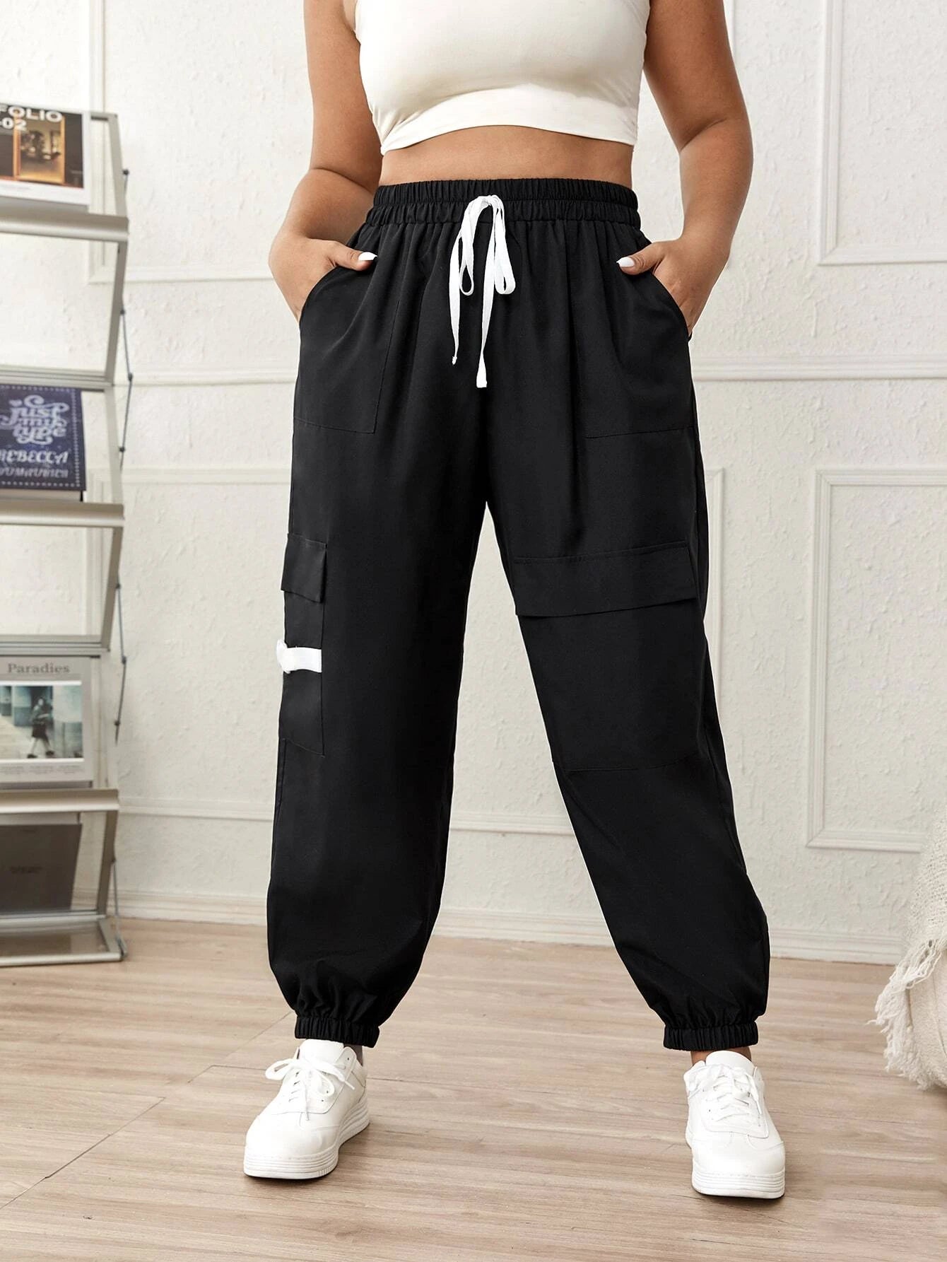 Adjustable Drawstring Cargo Pants – full length outfit view