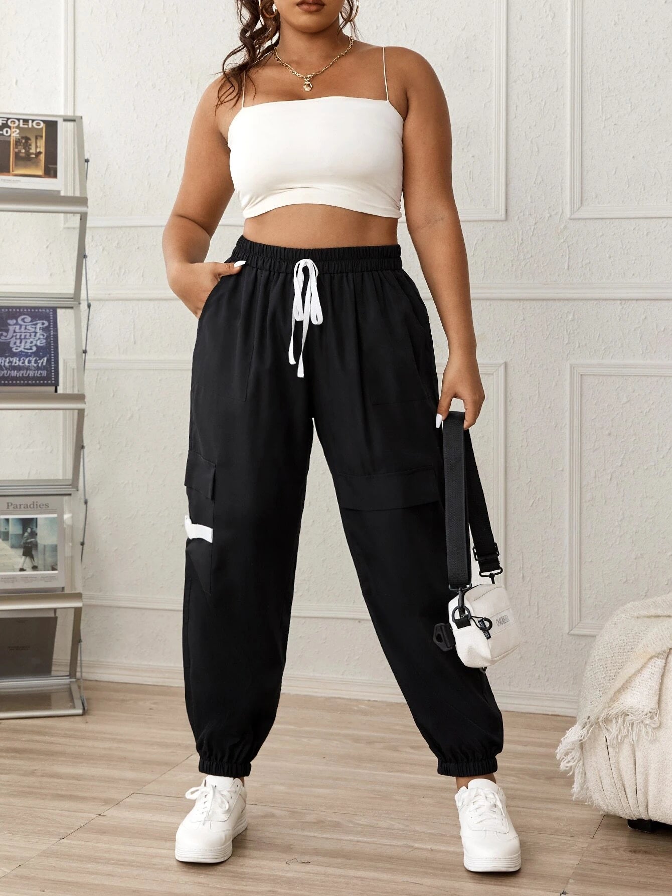 Adjustable Drawstring Cargo Pants – model wearing view
