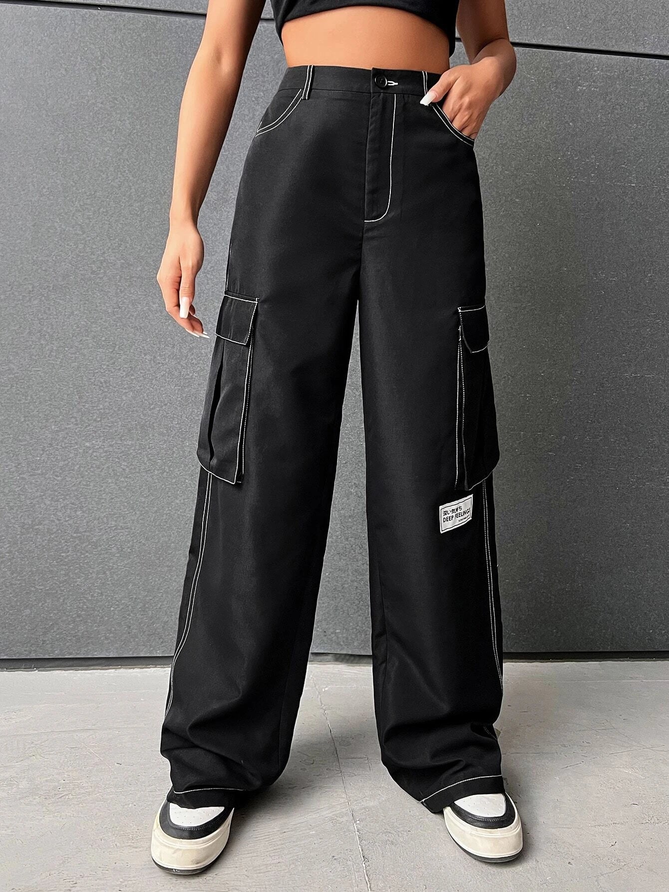 Letter Patched Detail Flap Pocket Side Cargo Pants – side profile view
