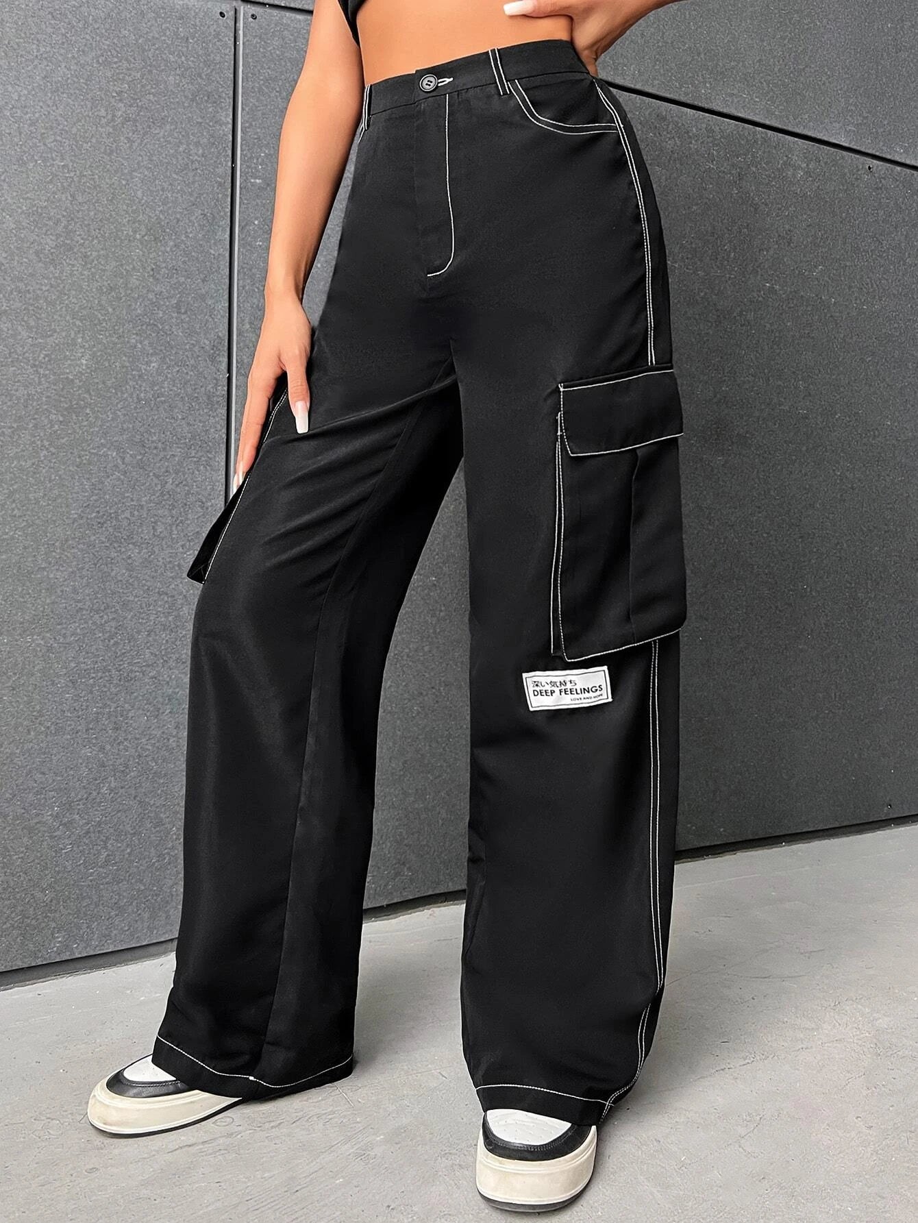 Letter Patched Detail Flap Pocket Side Cargo Pants – full length outfit view