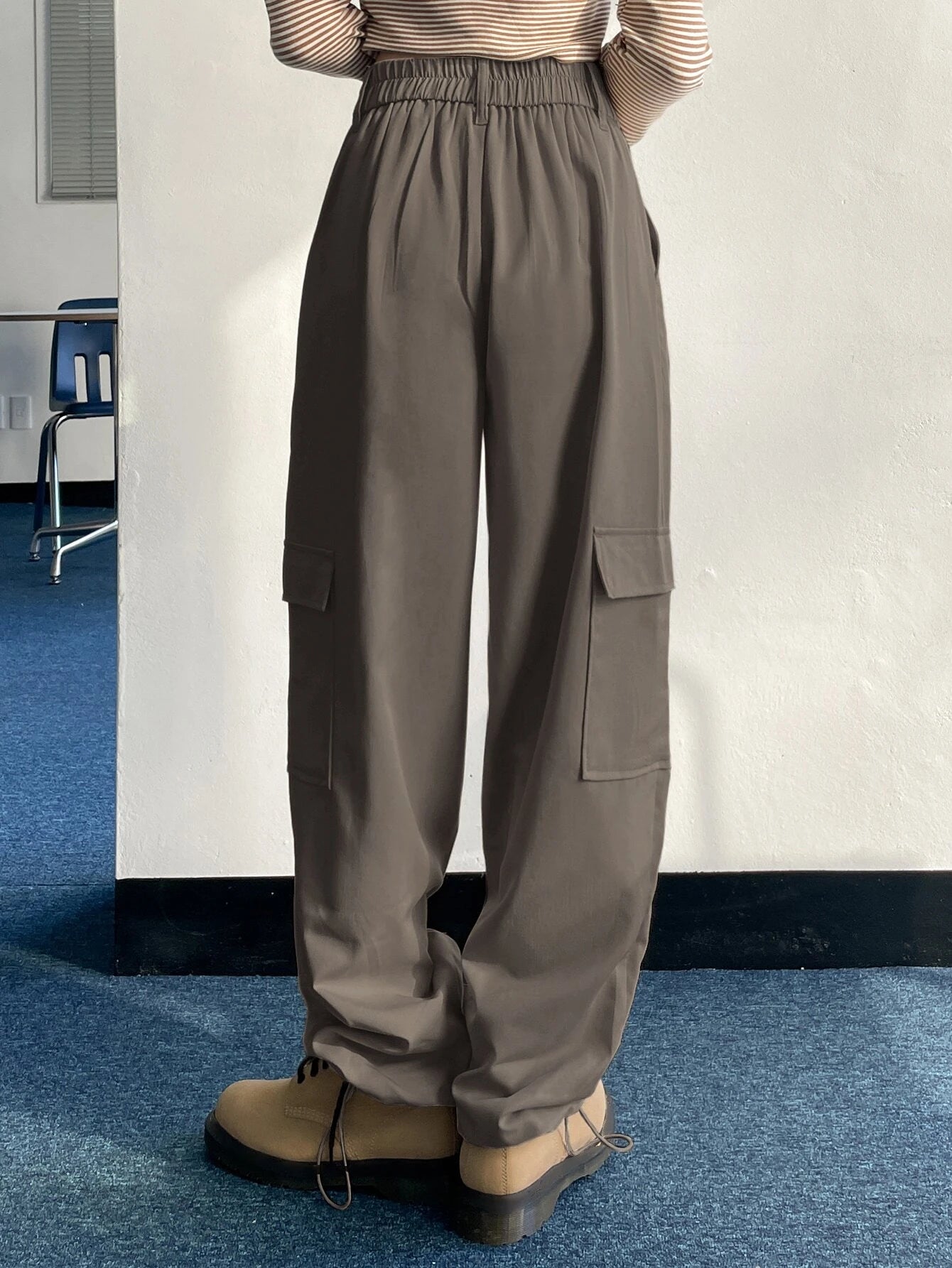 Flap Pocket Drawstring Hem Cargo Pants in Black #ts-6 – lifestyle view 20