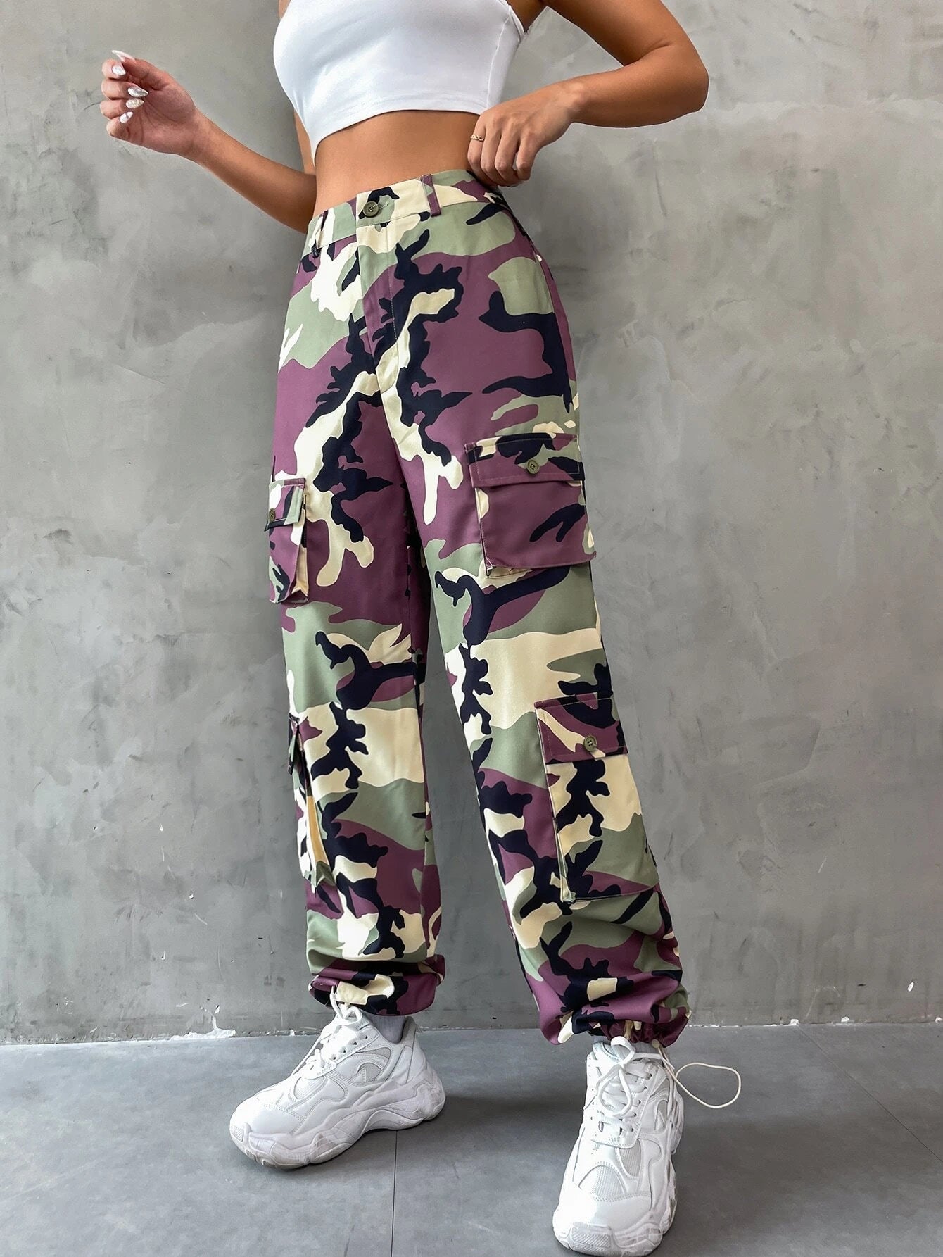 Printed Flap Pocket Camo Cargo Pants – styled outfit view