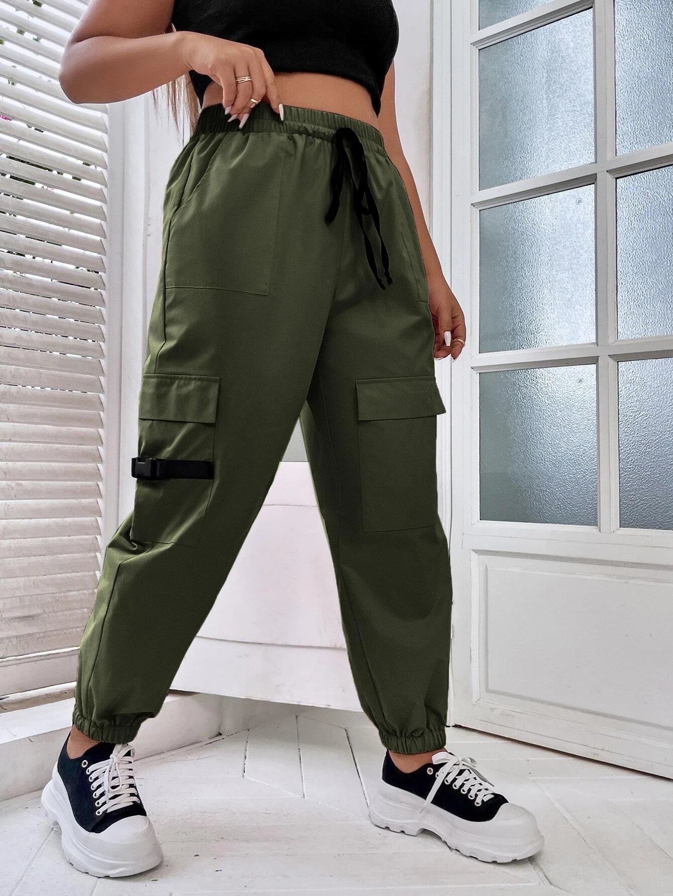 Regular Fit Drawstring Cargo Pants – side profile view