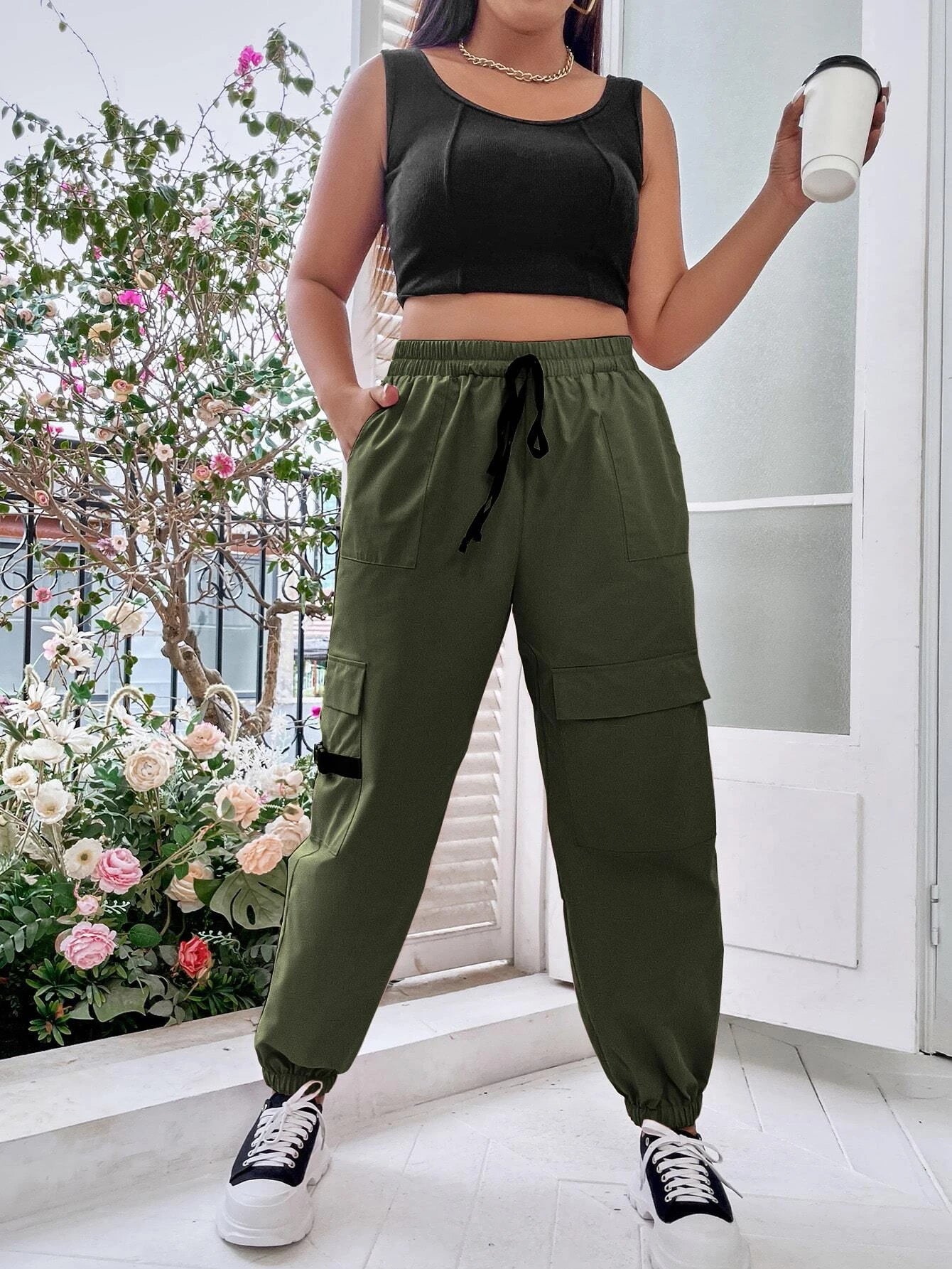 Regular Fit Drawstring Cargo Pants – women's cargo pants front view