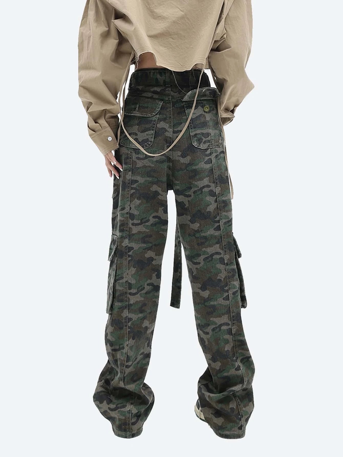Camo Print Flap Pocket Belted Cargo Jean – full length outfit view
