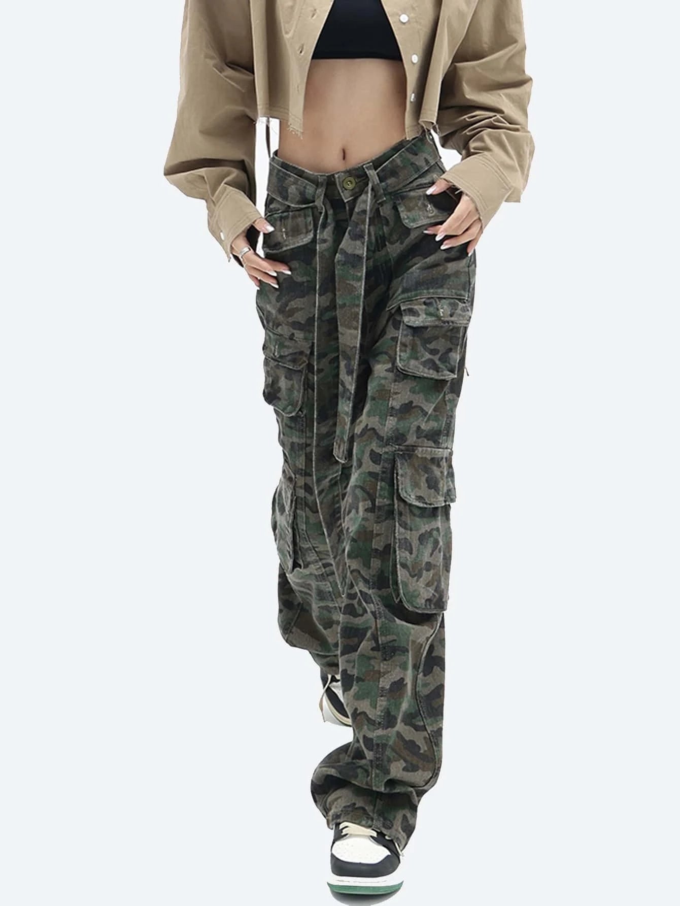 Camo Print Flap Pocket Belted Cargo Jean – styled outfit view