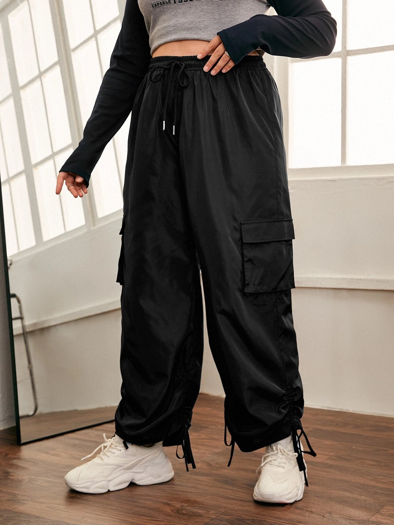 Flap Pocket Drawstring Hem Cargo Pants Style 1 – women's cargo pants front view