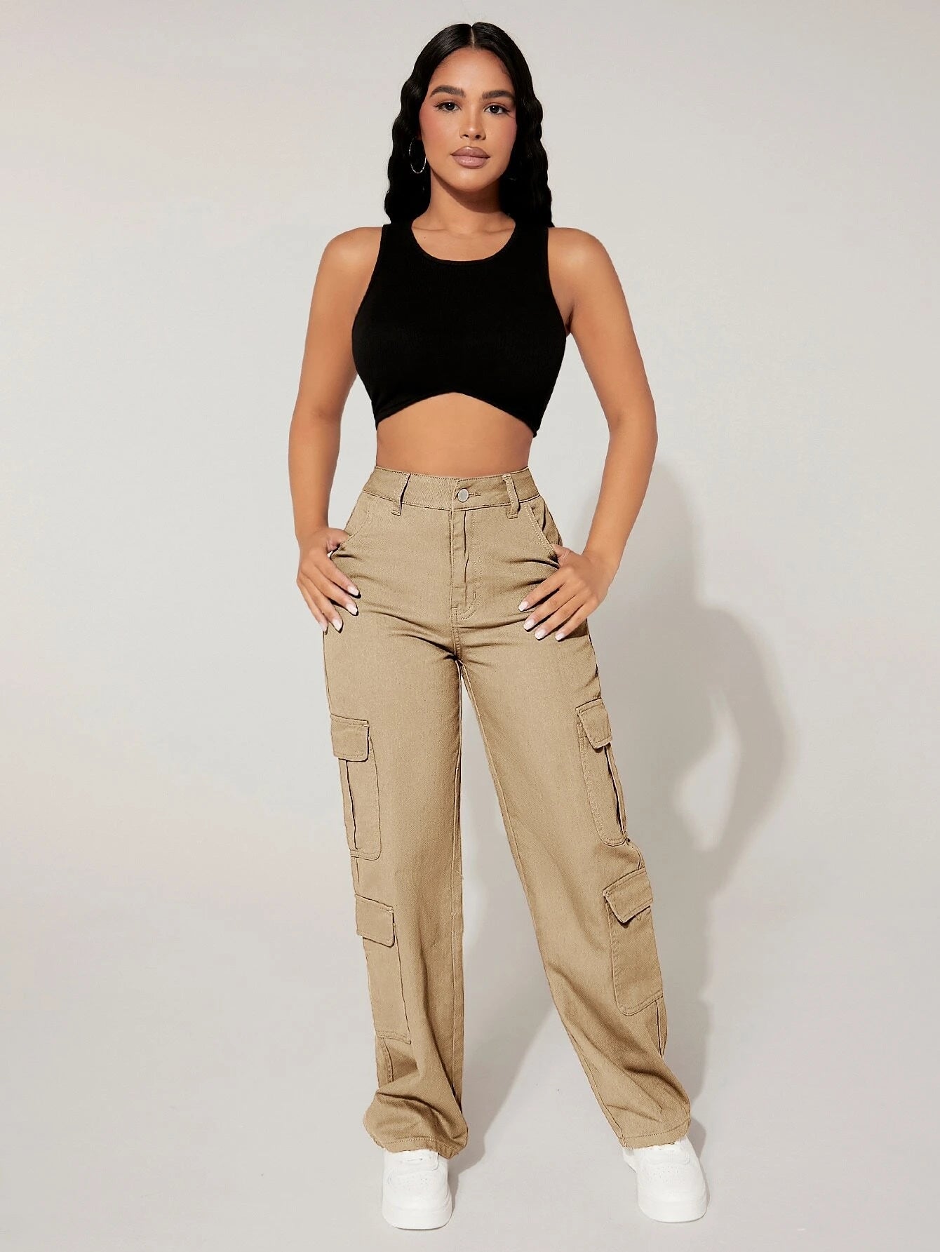 Plain Straight Leg Flap Pocket Cargo Pants – styled outfit view