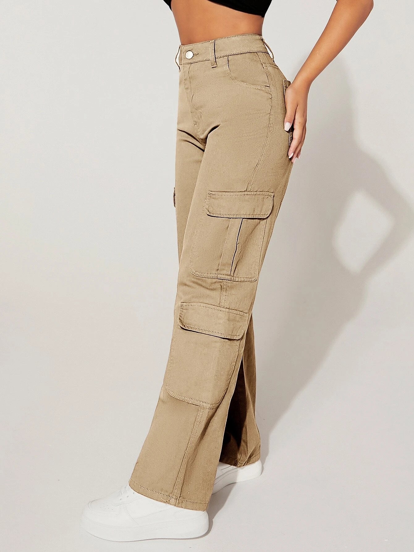 Plain Straight Leg Flap Pocket Cargo Pants – fabric detail close-up