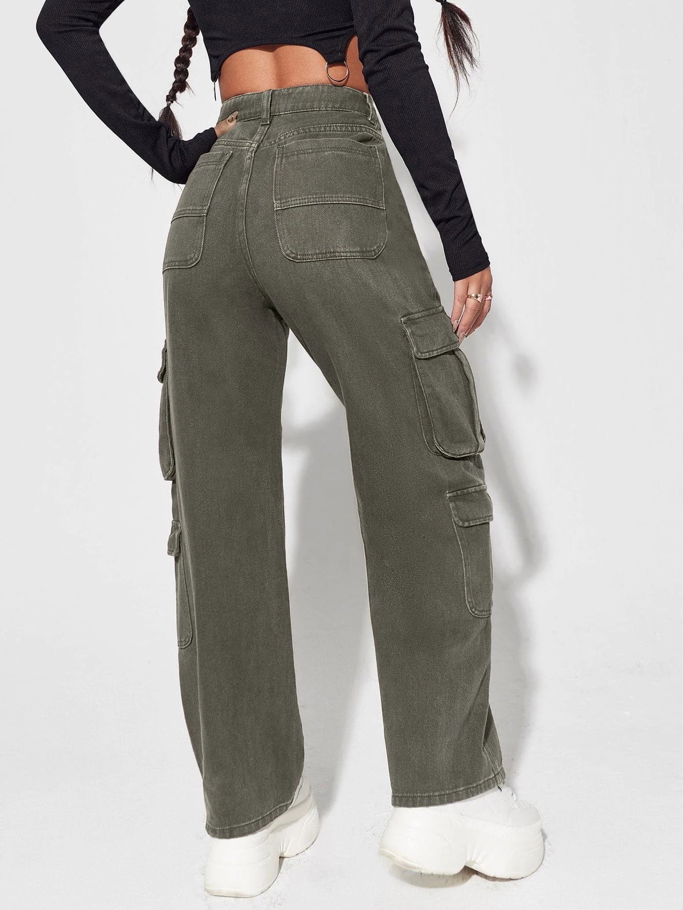 High Waisted Cargo Jeans – side profile view
