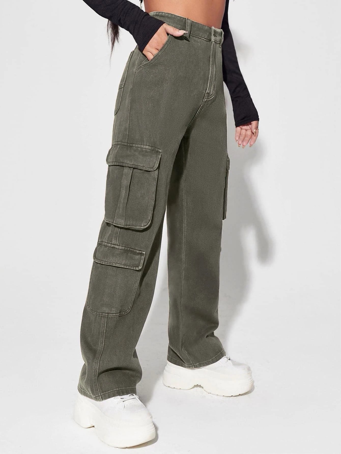 High Waisted Flap Pocket Cargo Jeans – back view detail
