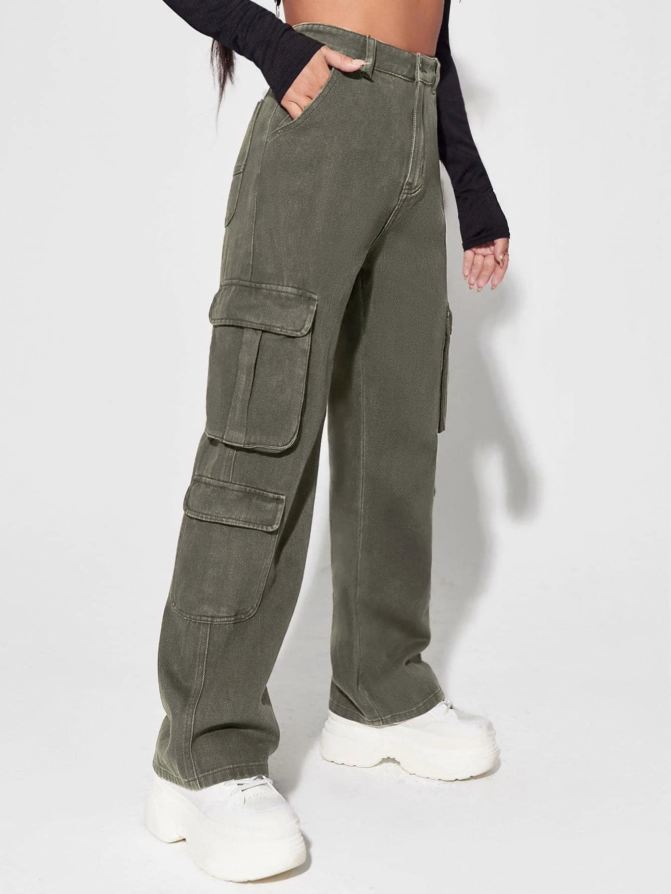 High Waisted Flap Pocket Cargo Jean – full length outfit view
