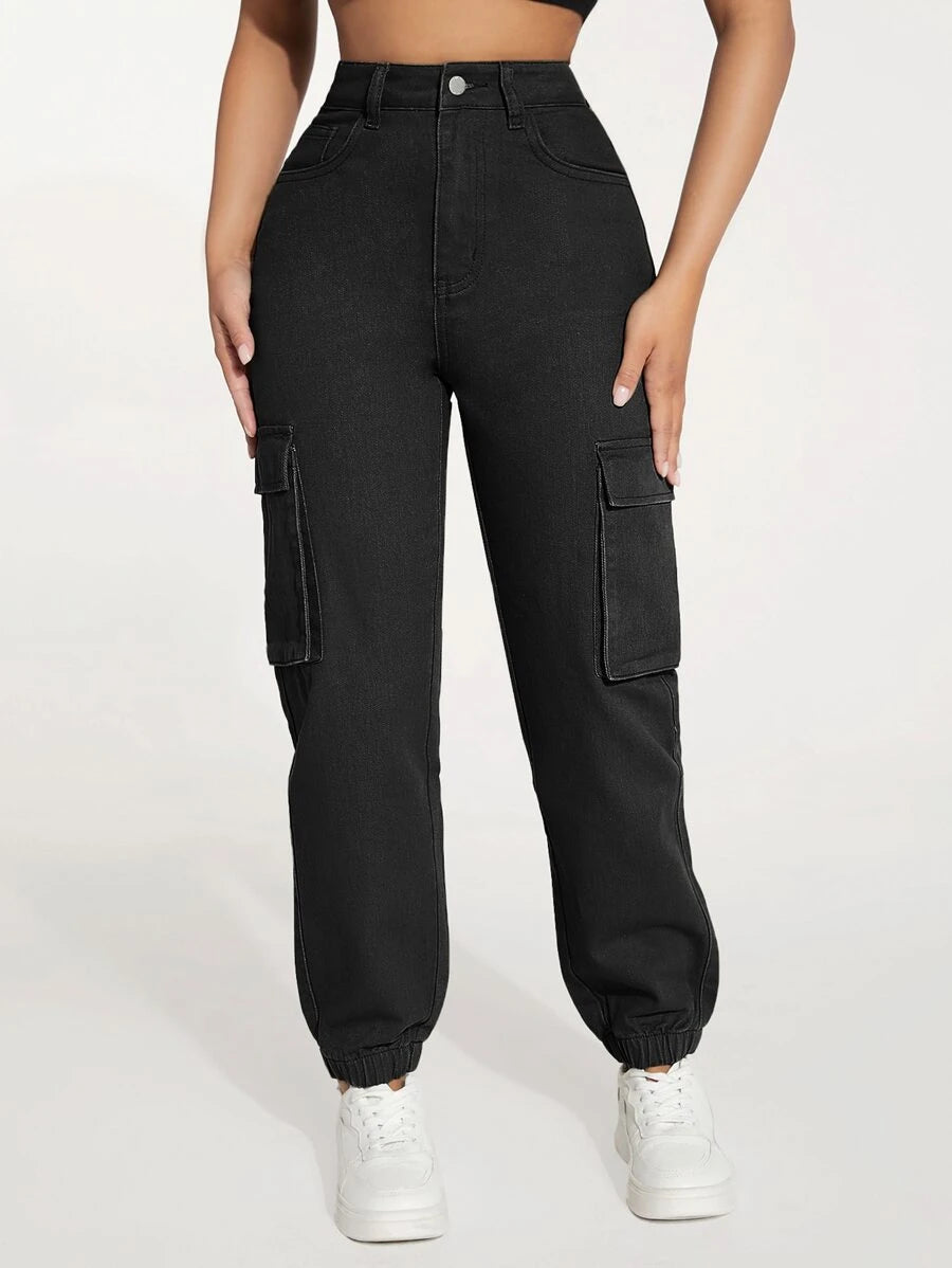 High Waist Flap Pocket Side Cargo Jeans