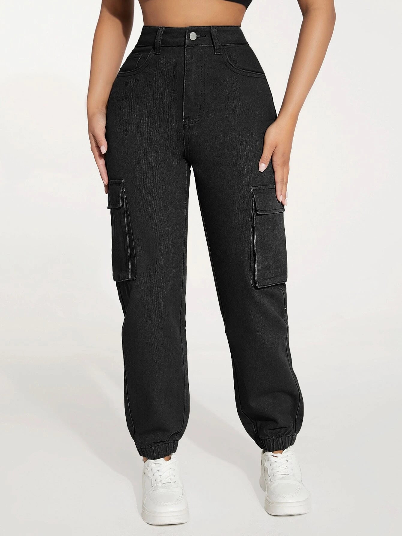Flap Pocket Side Cargo Jeans in Green – full length outfit view