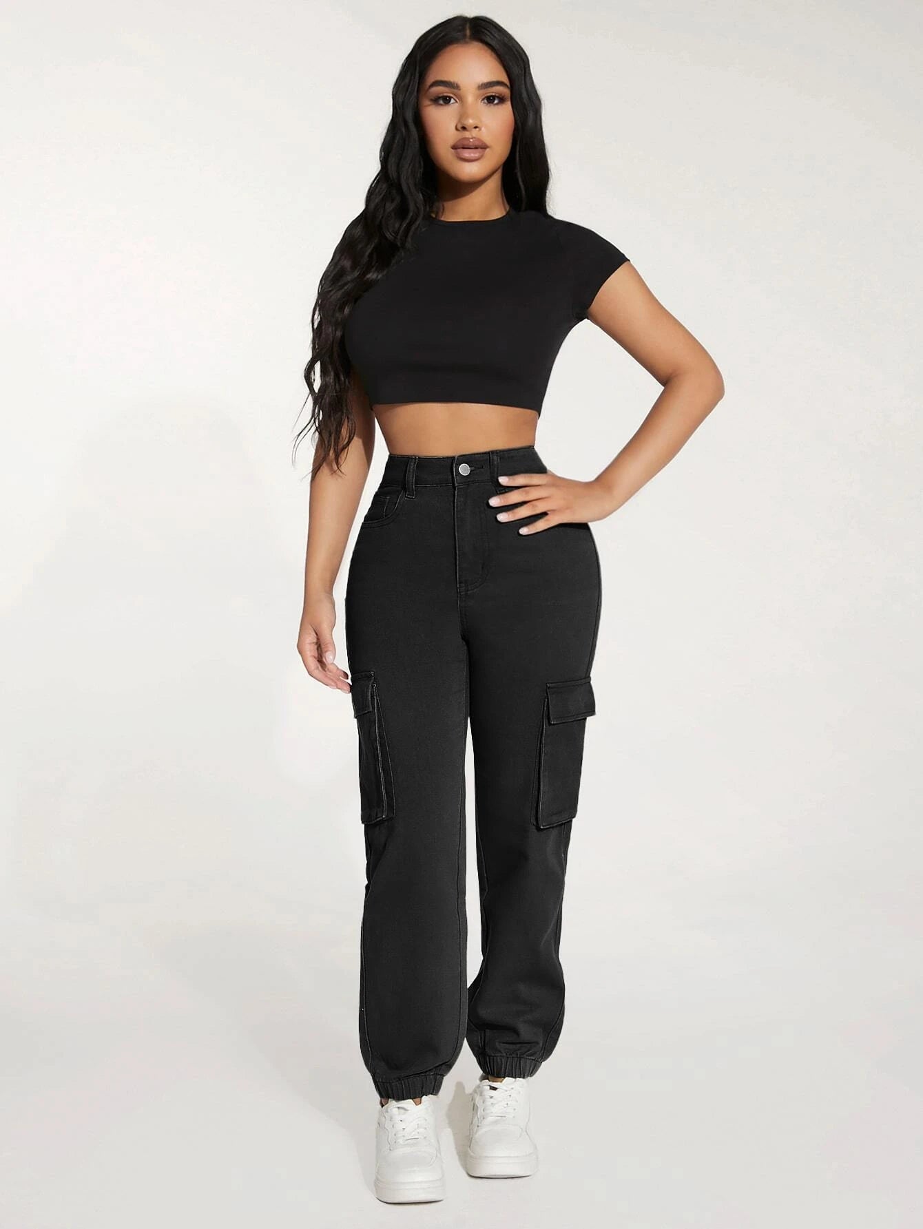 Flap Pocket Side Cargo Jeans in Green – model wearing view
