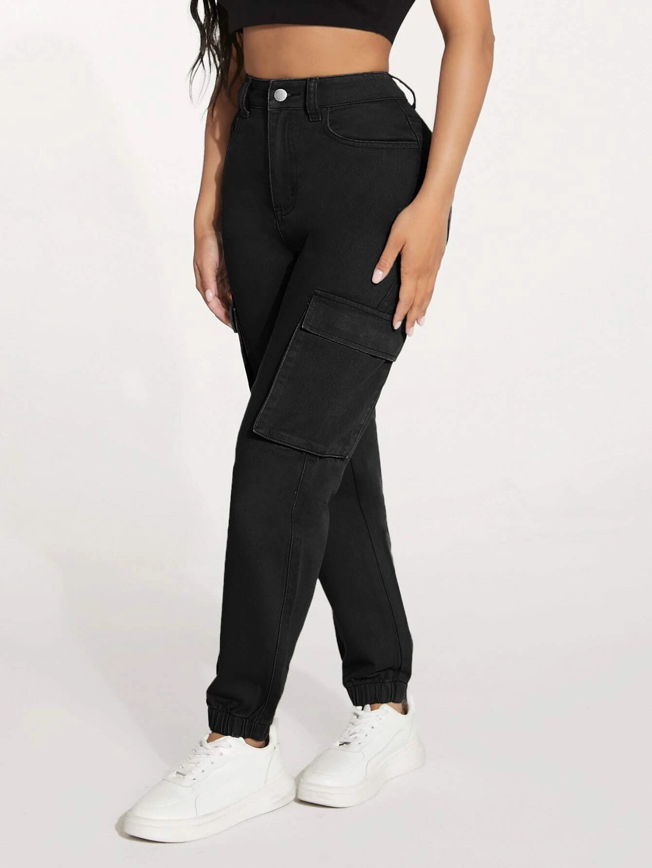 Flap Pocket Side Cargo Jeans in Green – fabric detail close-up
