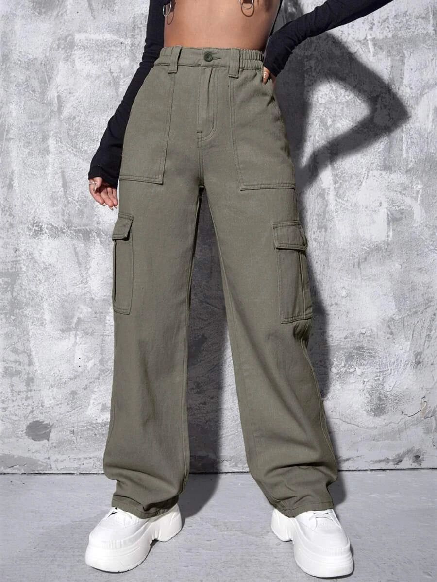 High Waist Flap Pocket Wide Leg Jeans