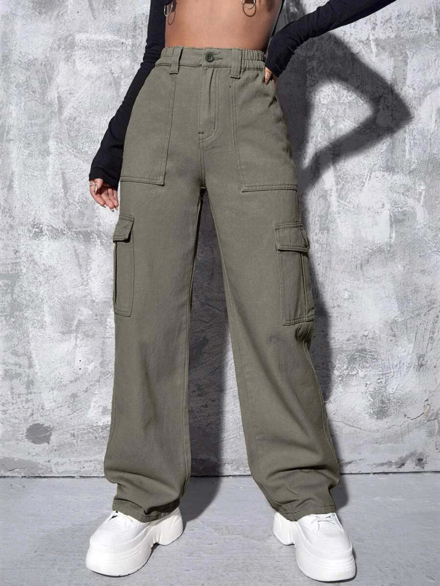 High Waist Flap Pocket Wide Leg Jeans