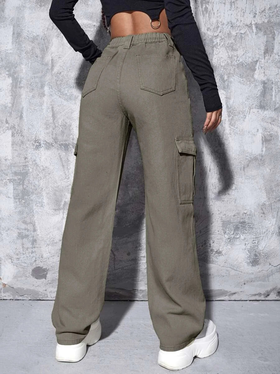 High Waist Flap Pocket Wide Leg Jeans