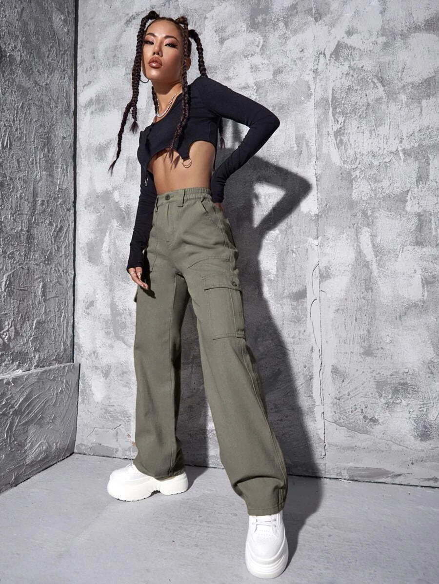 High Waist Flap Pocket Wide Leg Jeans