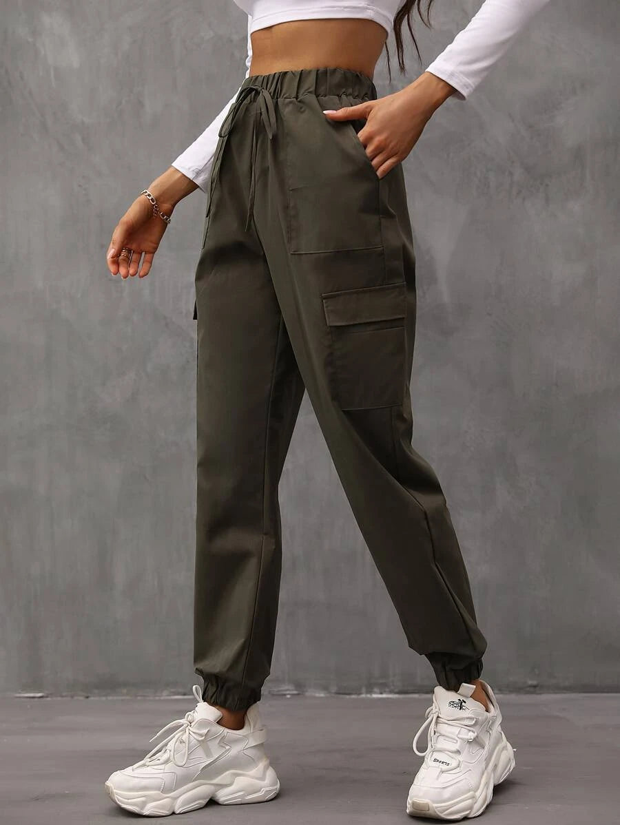 Flap Pocket Drawstring Waist Easy Wear Cargo Pants – women's cargo pants front view