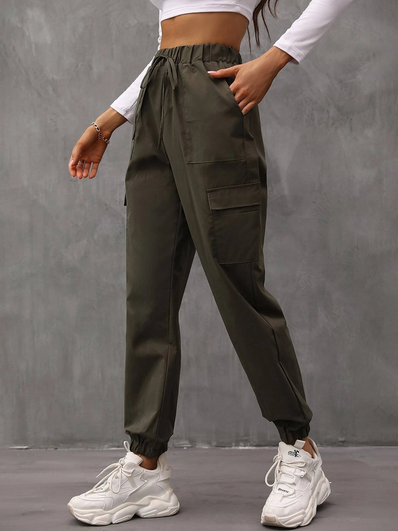 Drawstring Waist Flap Pocket Cargo Pants – full length outfit view