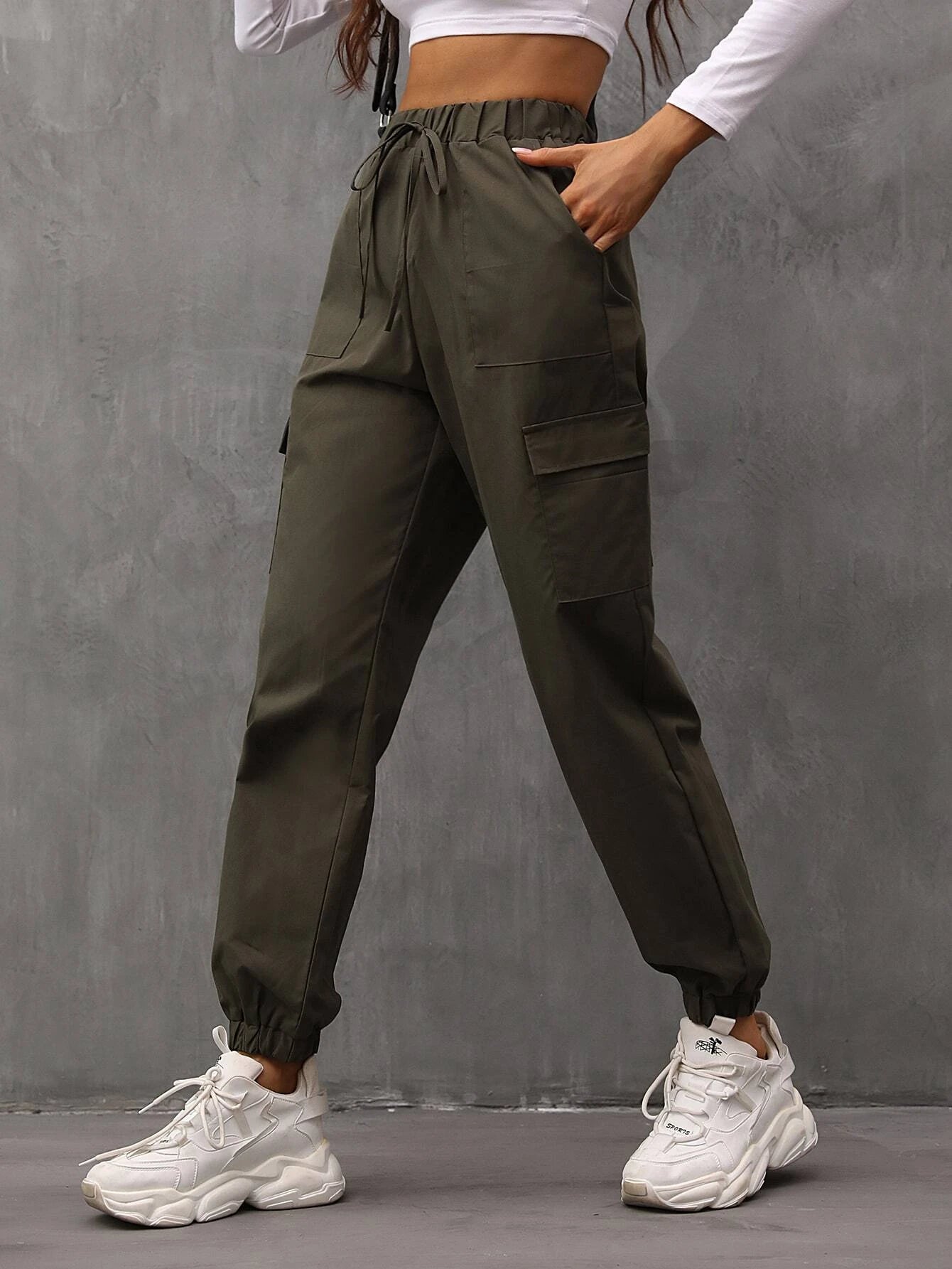 Drawstring Waist Flap Pocket Cargo Pants – model wearing view