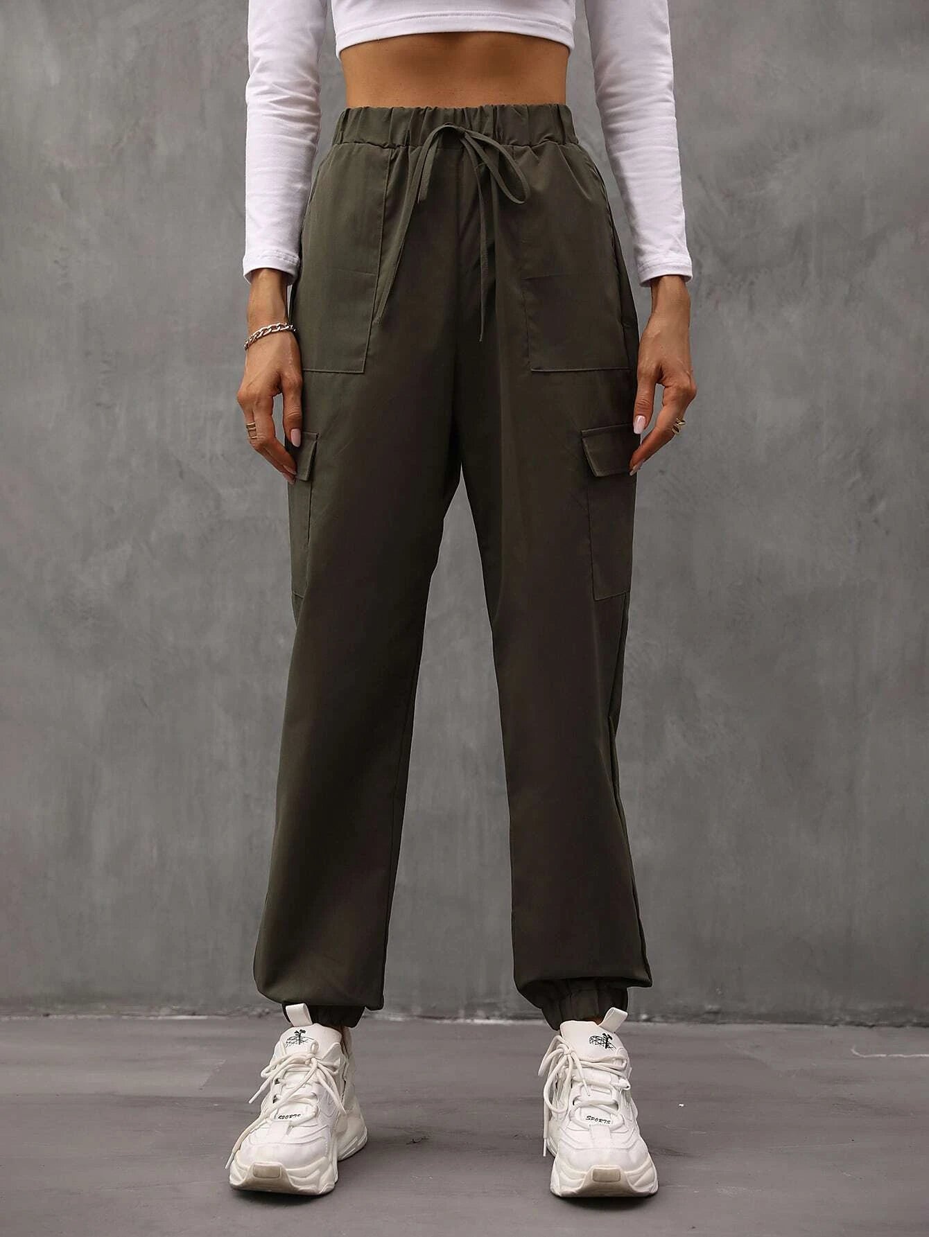 Drawstring Waist Flap Pocket Cargo Pants – fabric detail close-up
