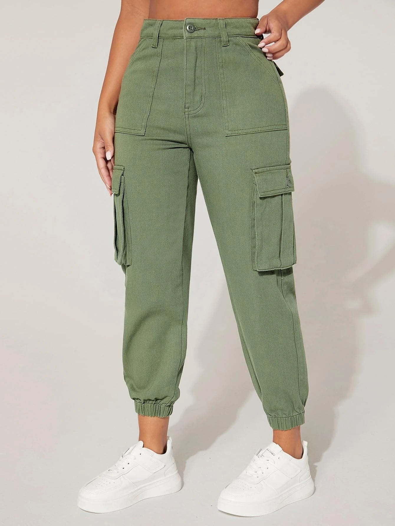 High Waist Flap Pocket Cargo Jeans in Green – back view detail