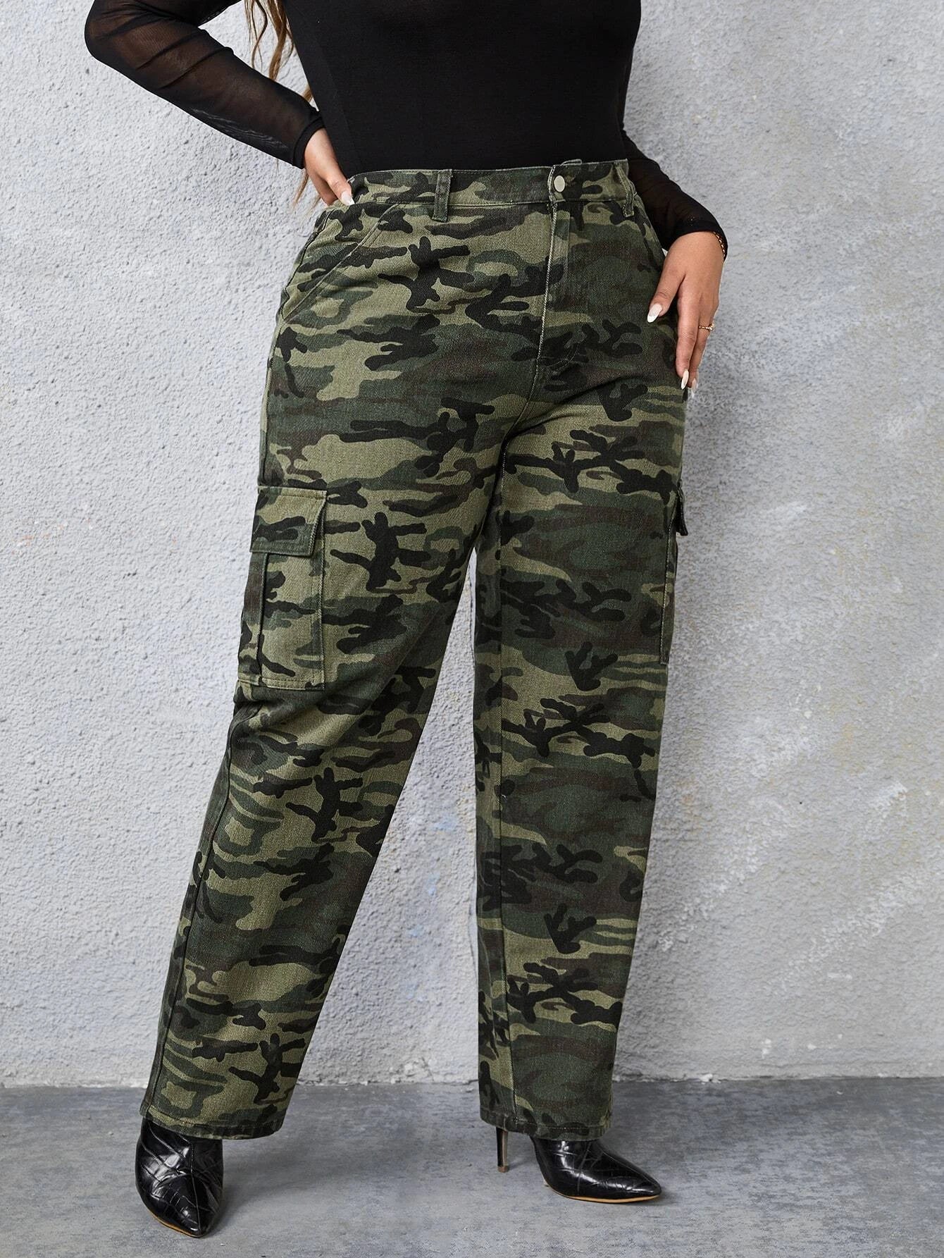 Camo Print High Rise Cargo Jeans – women's cargo pants front view