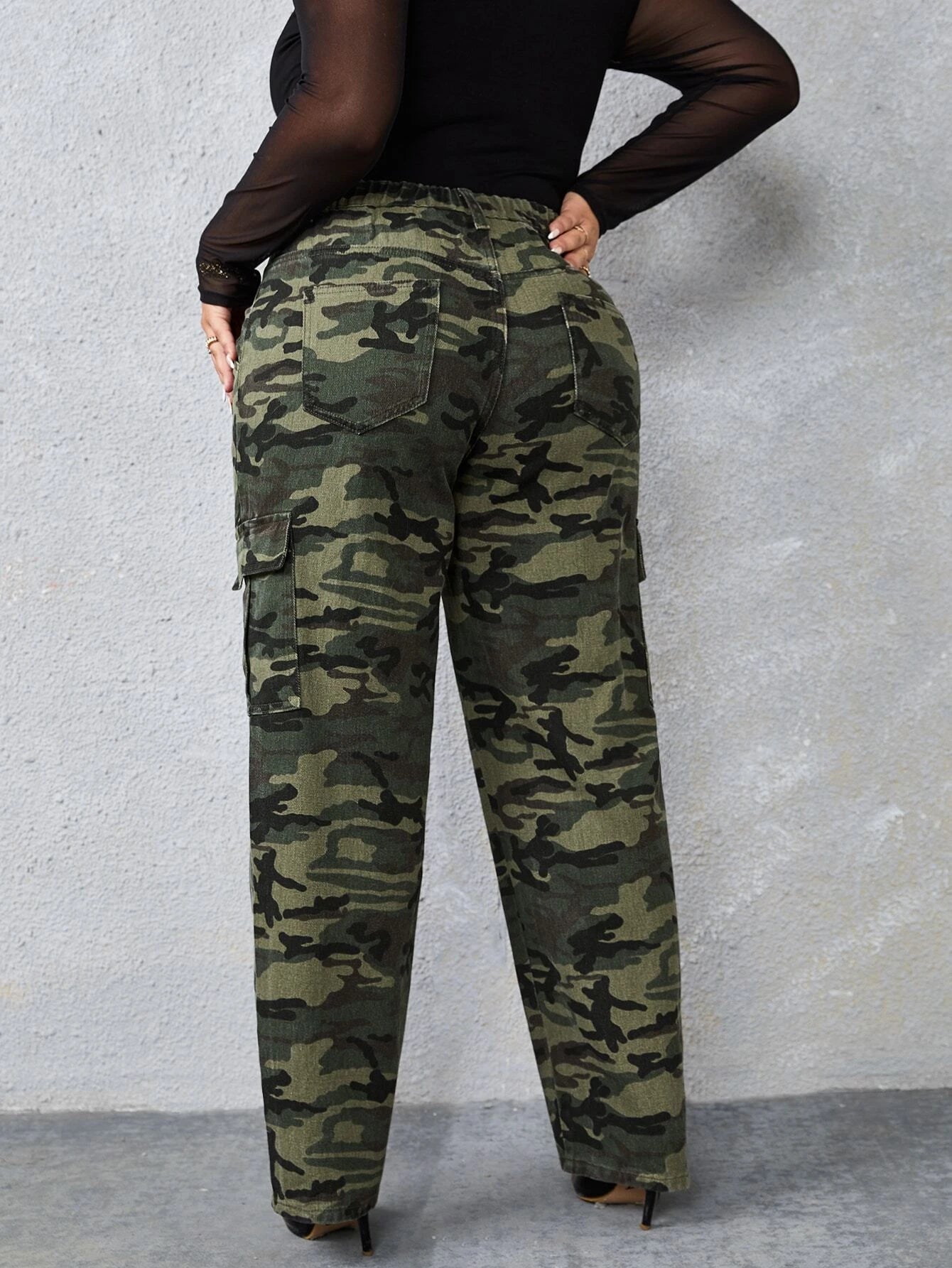 Camo Print High Rise Cargo Jeans – side profile view