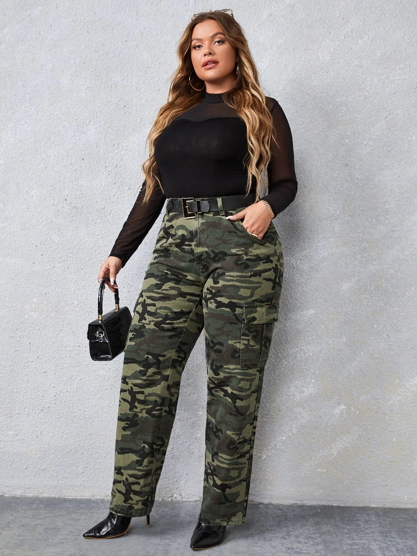 Camo Print High Rise Cargo Jeans – back view detail